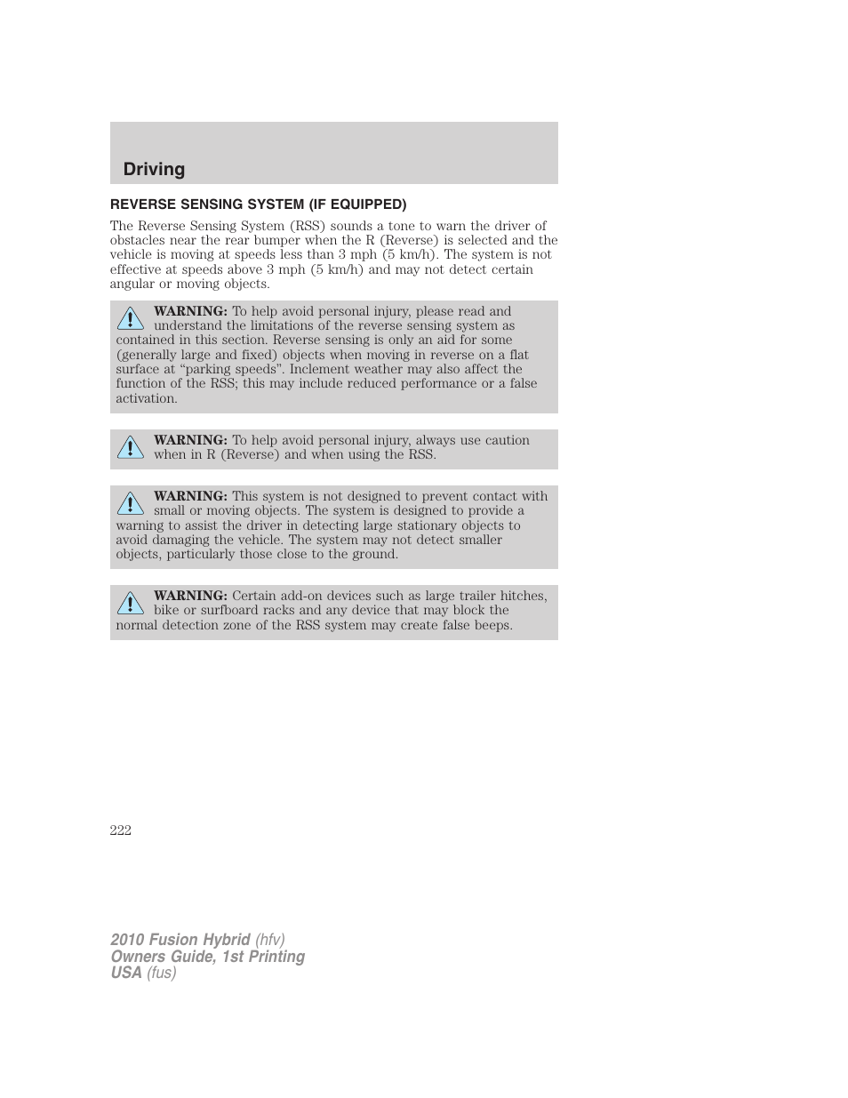 Reverse sensing system (if equipped), Reverse sensing system, Driving | FORD 2010 Fusion Hybrid v.1 User Manual | Page 222 / 326