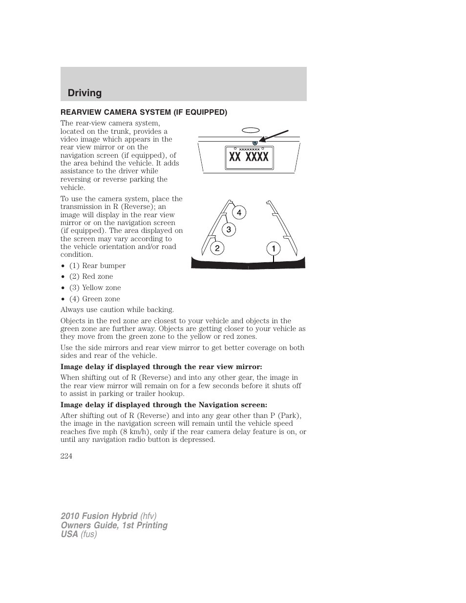 Rearview camera system (if equipped), Rear-view camera system, Driving | FORD 2010 Fusion Hybrid v.1 User Manual | Page 224 / 326