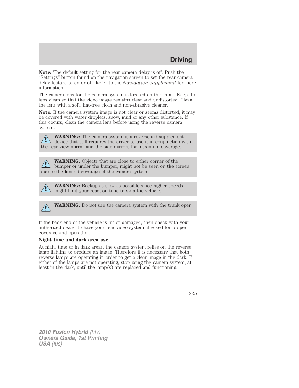 Driving | FORD 2010 Fusion Hybrid v.1 User Manual | Page 225 / 326