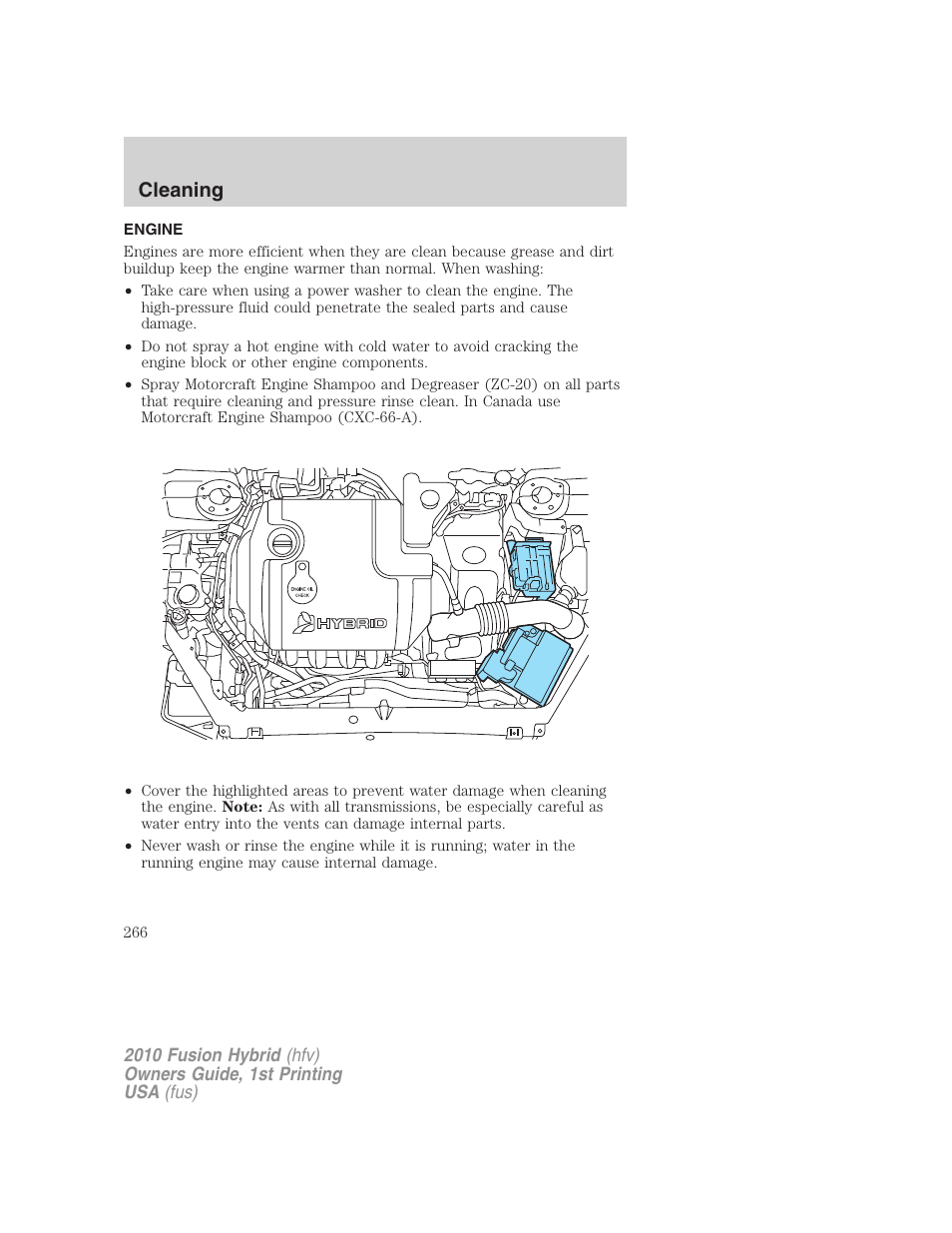 Engine, Cleaning | FORD 2010 Fusion Hybrid v.1 User Manual | Page 266 / 326