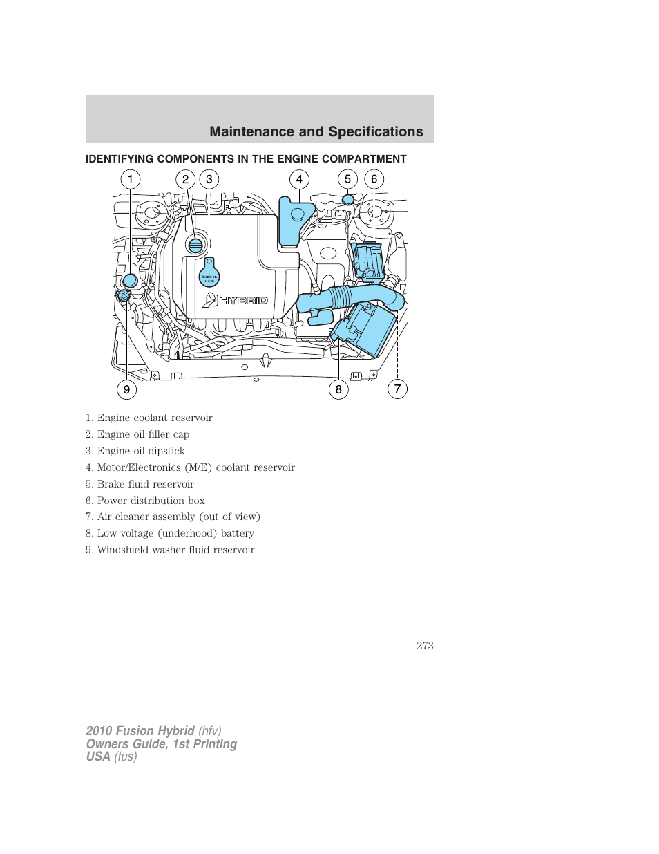 Identifying components in the engine compartment, Engine compartment, Maintenance and specifications | FORD 2010 Fusion Hybrid v.1 User Manual | Page 273 / 326