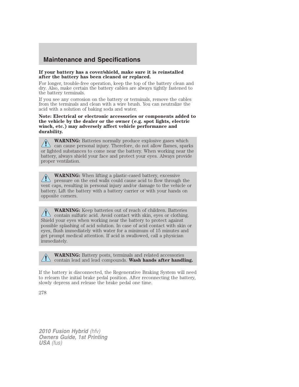 Maintenance and specifications | FORD 2010 Fusion Hybrid v.1 User Manual | Page 278 / 326