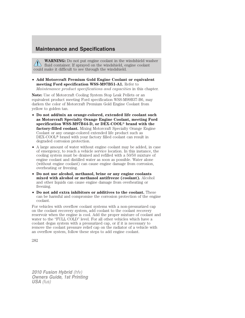 Maintenance and specifications | FORD 2010 Fusion Hybrid v.1 User Manual | Page 282 / 326