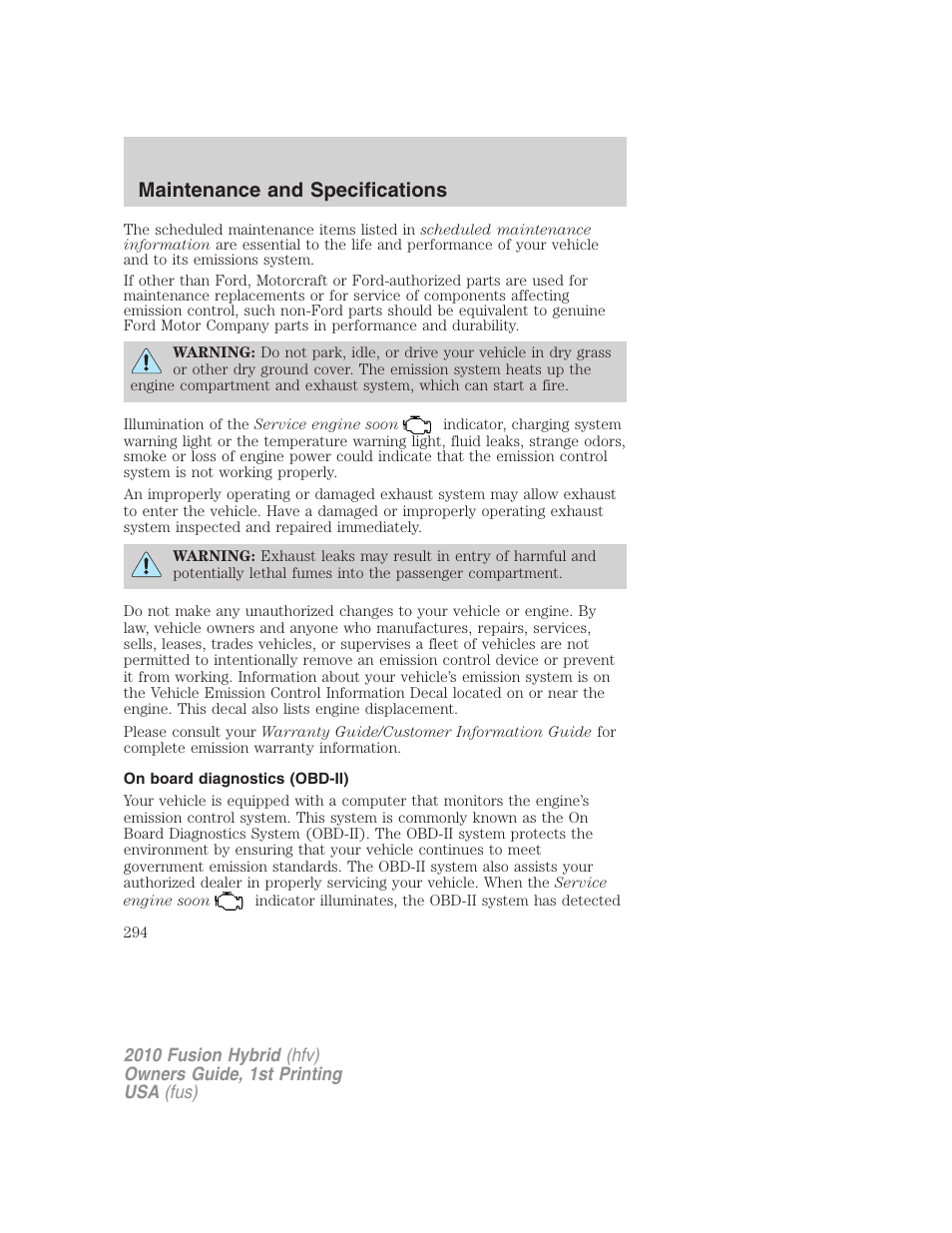 On board diagnostics (obd-ii), Maintenance and specifications | FORD 2010 Fusion Hybrid v.1 User Manual | Page 294 / 326