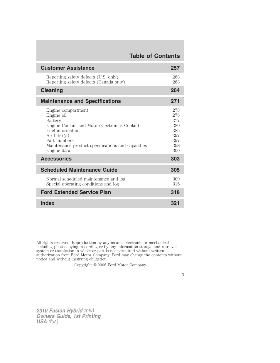 FORD 2010 Fusion Hybrid v.1 User Manual | Page 3 / 326