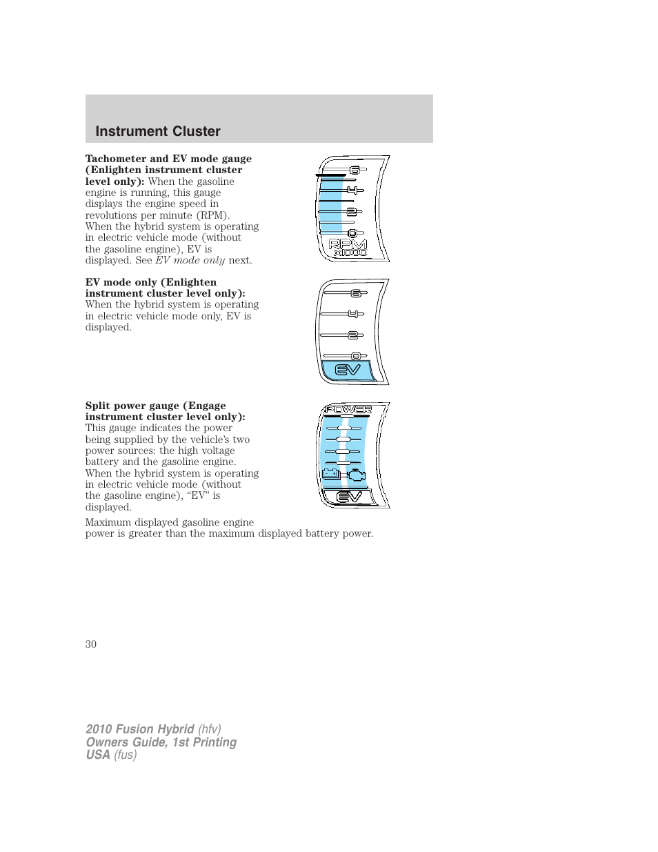 Instrument cluster | FORD 2010 Fusion Hybrid v.1 User Manual | Page 30 / 326