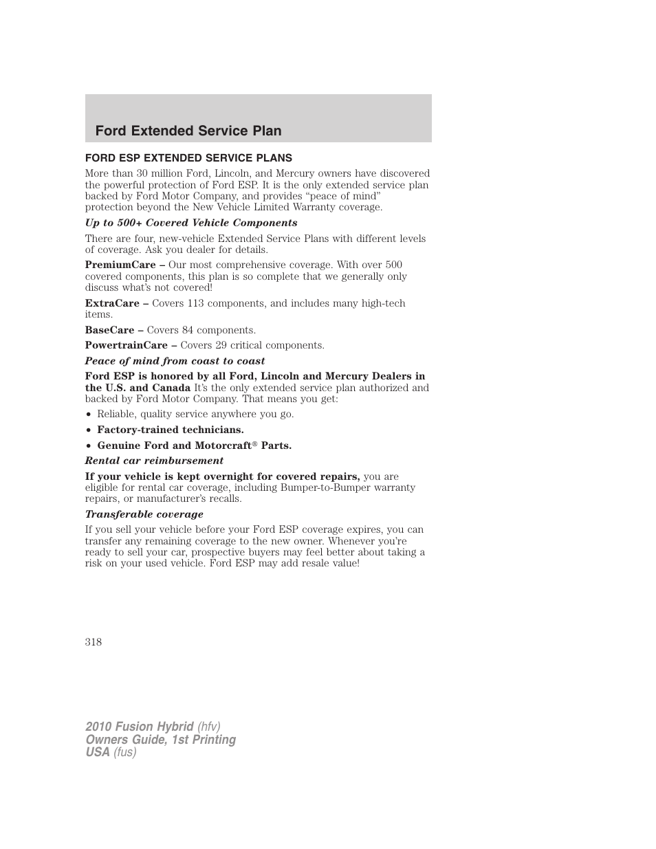 Ford extended service plan, Ford esp extended service plans | FORD 2010 Fusion Hybrid v.1 User Manual | Page 318 / 326