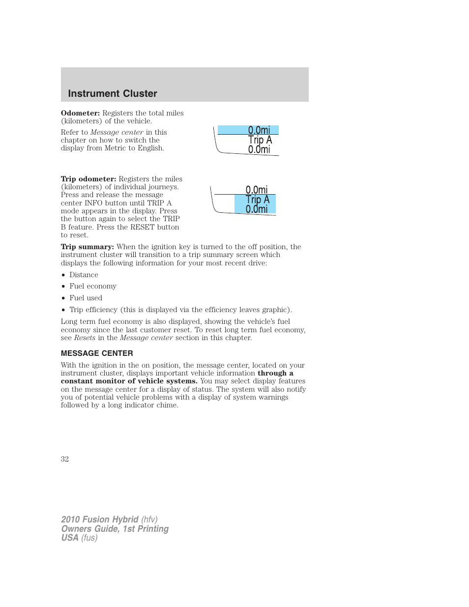 Message center, Instrument cluster | FORD 2010 Fusion Hybrid v.1 User Manual | Page 32 / 326
