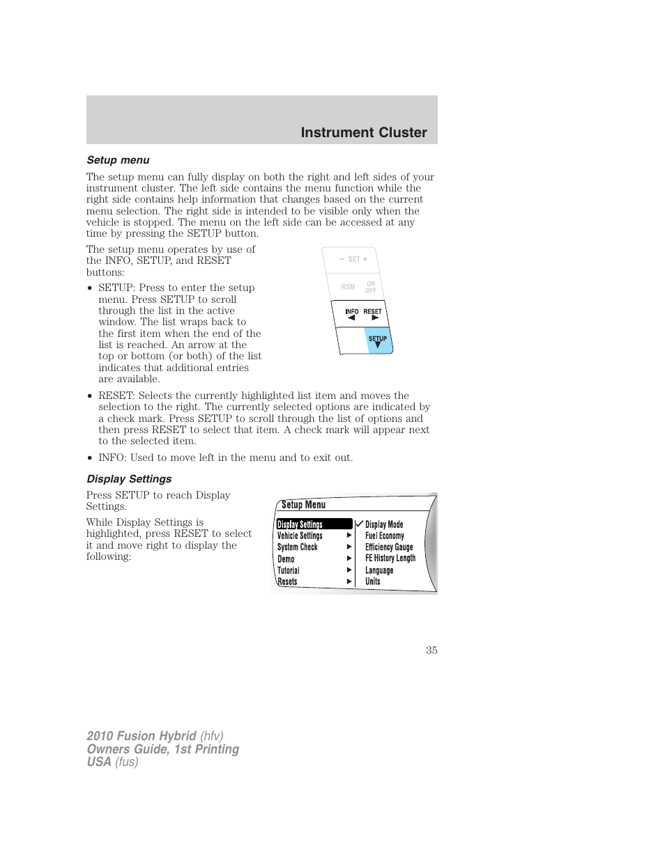 Setup menu, Display settings, Instrument cluster | FORD 2010 Fusion Hybrid v.1 User Manual | Page 35 / 326