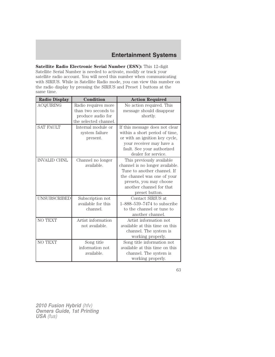 Entertainment systems | FORD 2010 Fusion Hybrid v.1 User Manual | Page 63 / 326