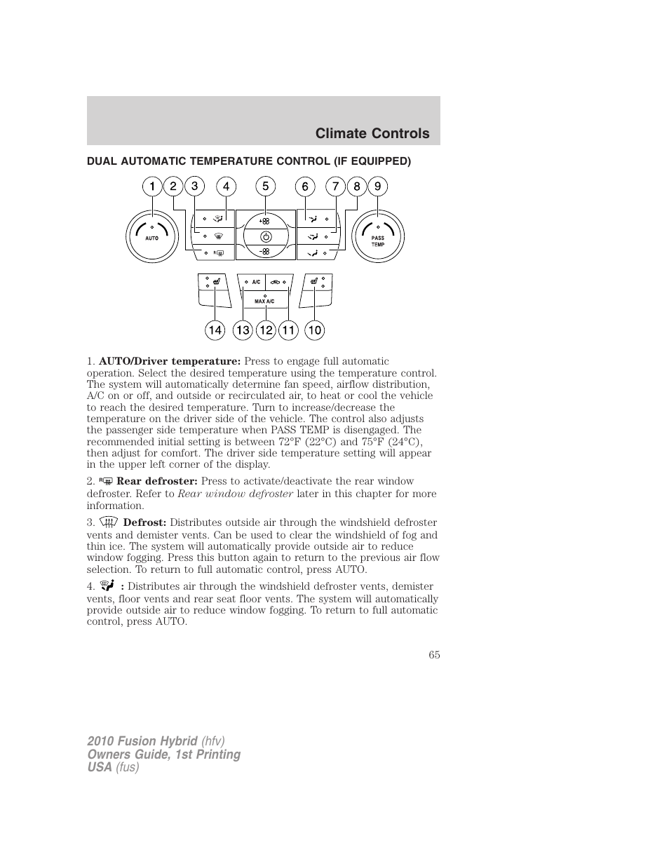 Climate controls, Dual automatic temperature control (if equipped), Dual automatic temperature control | FORD 2010 Fusion Hybrid v.1 User Manual | Page 65 / 326