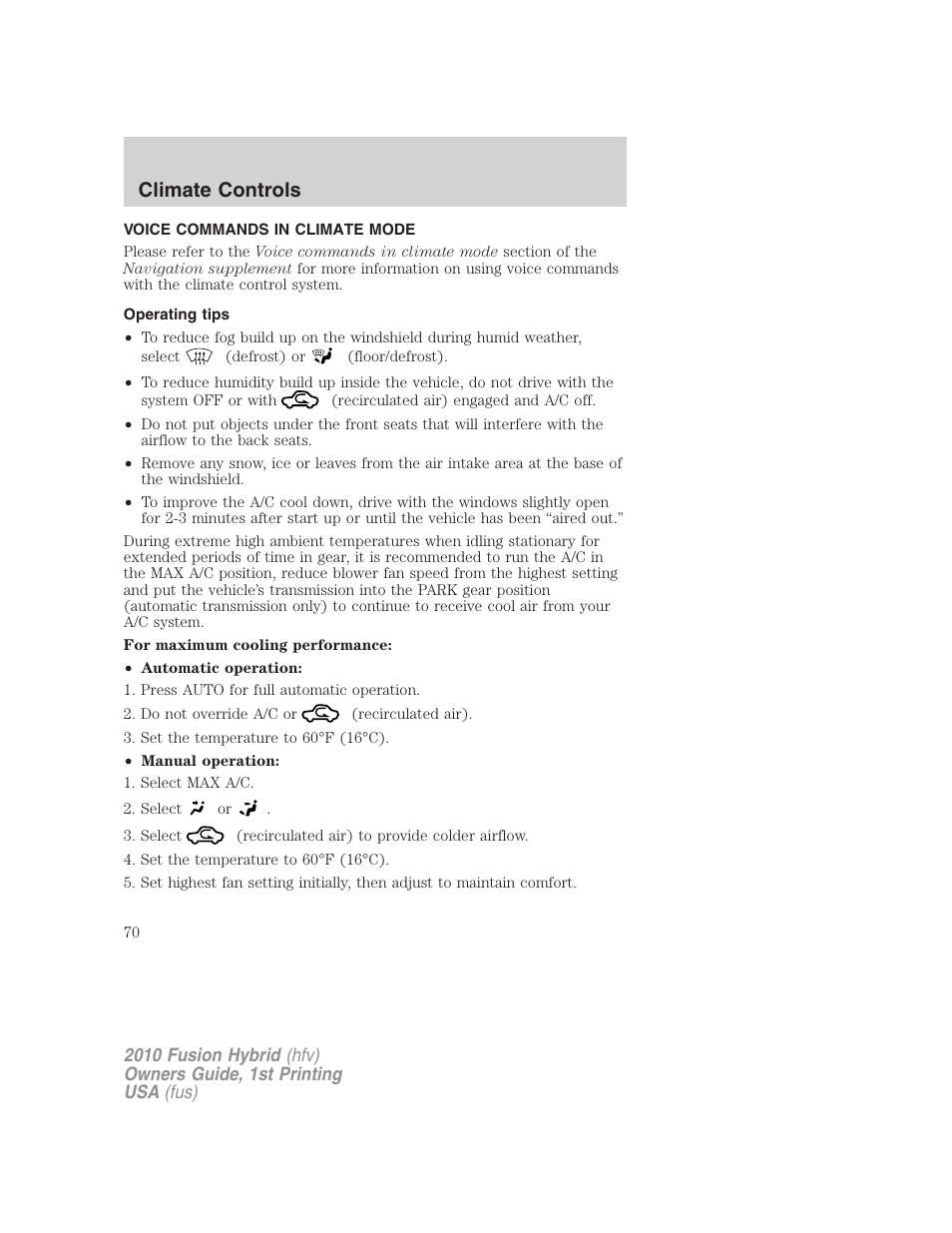 Voice commands in climate mode, Operating tips, Climate controls | FORD 2010 Fusion Hybrid v.1 User Manual | Page 70 / 326