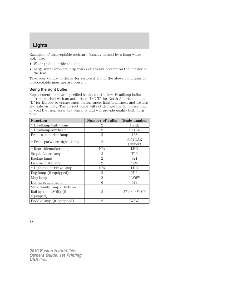 Using the right bulbs, Lights | FORD 2010 Fusion Hybrid v.1 User Manual | Page 78 / 326