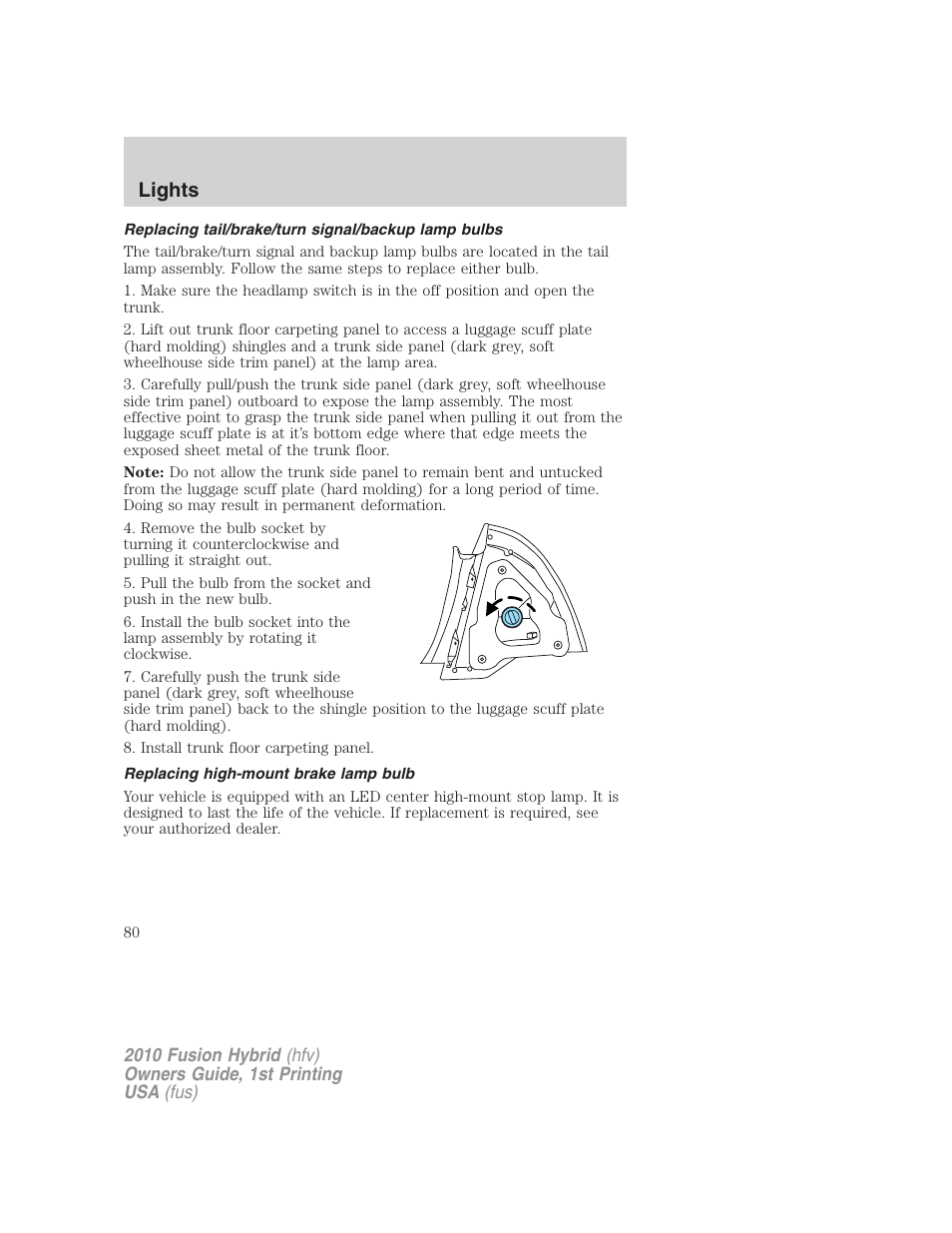 Replacing tail/brake/turn signal/backup lamp bulbs, Replacing high-mount brake lamp bulb, Lights | FORD 2010 Fusion Hybrid v.1 User Manual | Page 80 / 326