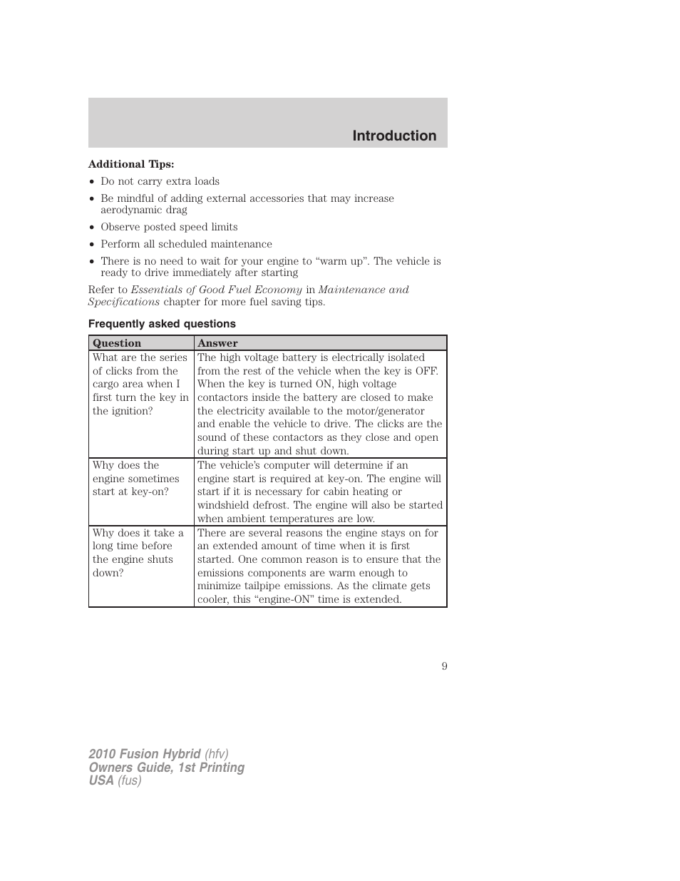 Frequently asked questions, Introduction | FORD 2010 Fusion Hybrid v.1 User Manual | Page 9 / 326