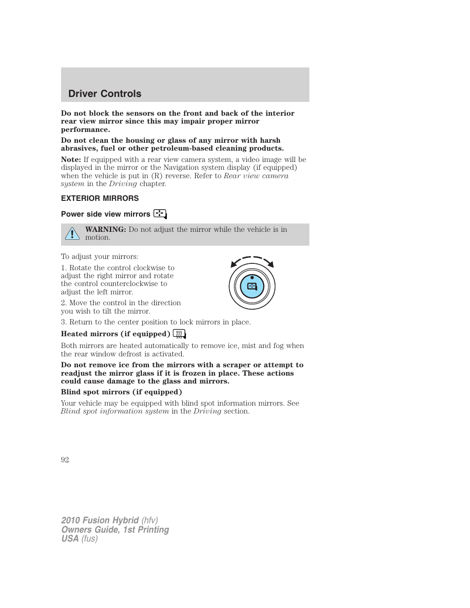 Exterior mirrors, Power side view mirrors, Driver controls | FORD 2010 Fusion Hybrid v.1 User Manual | Page 92 / 326