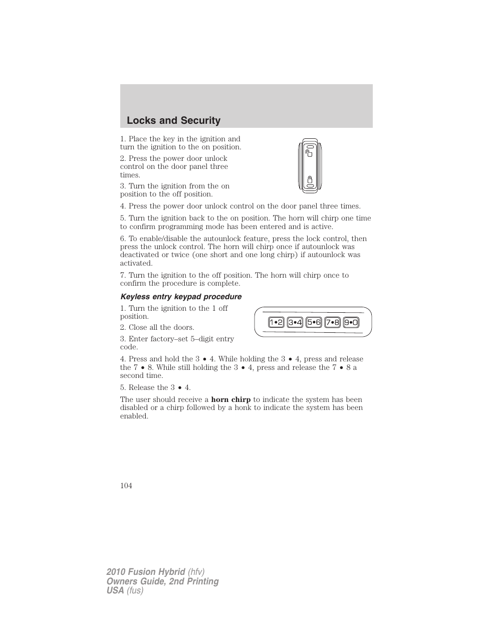 Keyless entry keypad procedure, Locks and security | FORD 2010 Fusion Hybrid v.2 User Manual | Page 104 / 327