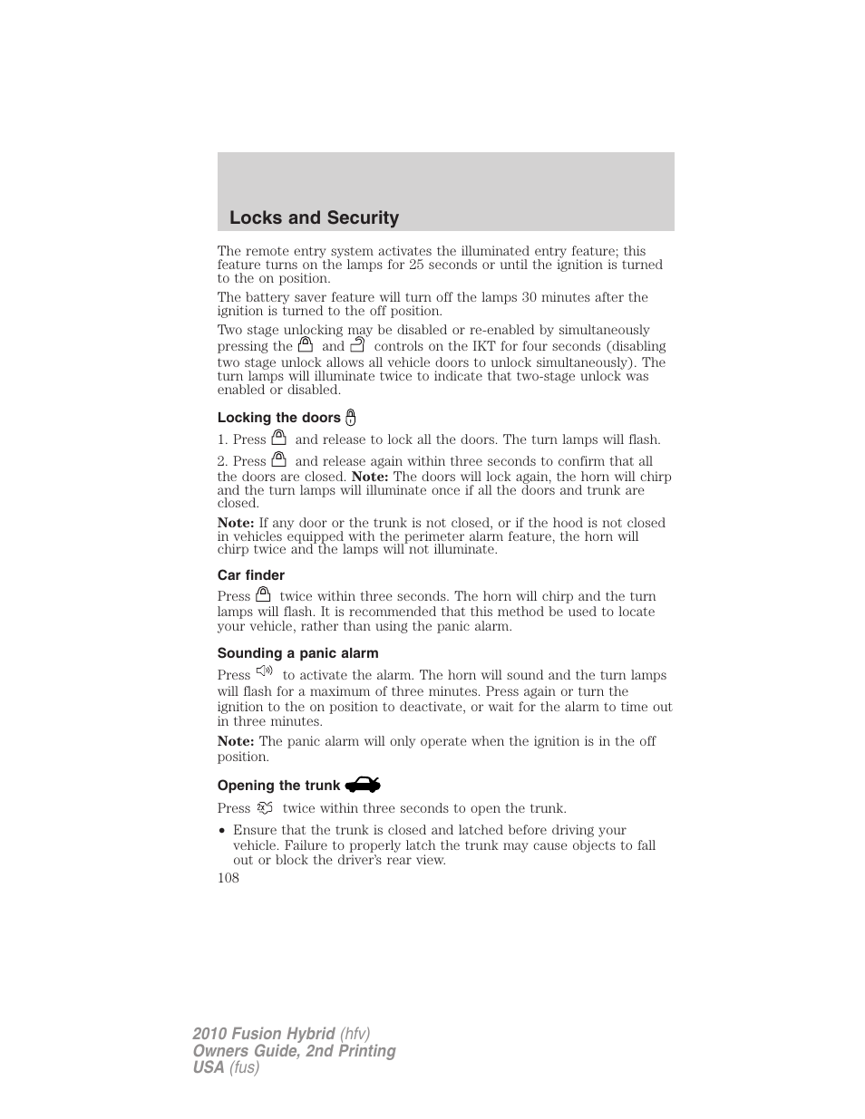 Locking the doors, Car finder, Sounding a panic alarm | Opening the trunk, Locks and security | FORD 2010 Fusion Hybrid v.2 User Manual | Page 108 / 327