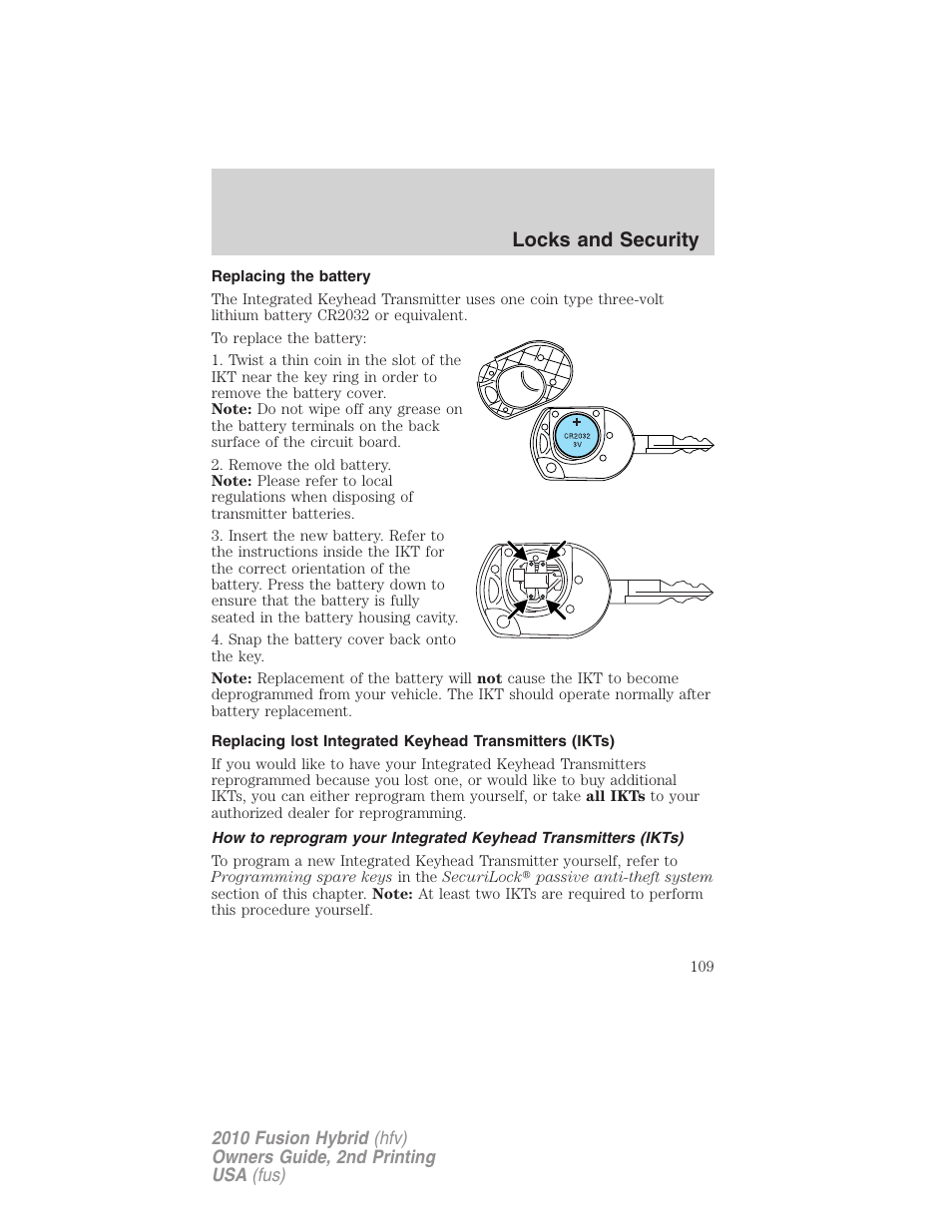 Replacing the battery, Locks and security | FORD 2010 Fusion Hybrid v.2 User Manual | Page 109 / 327