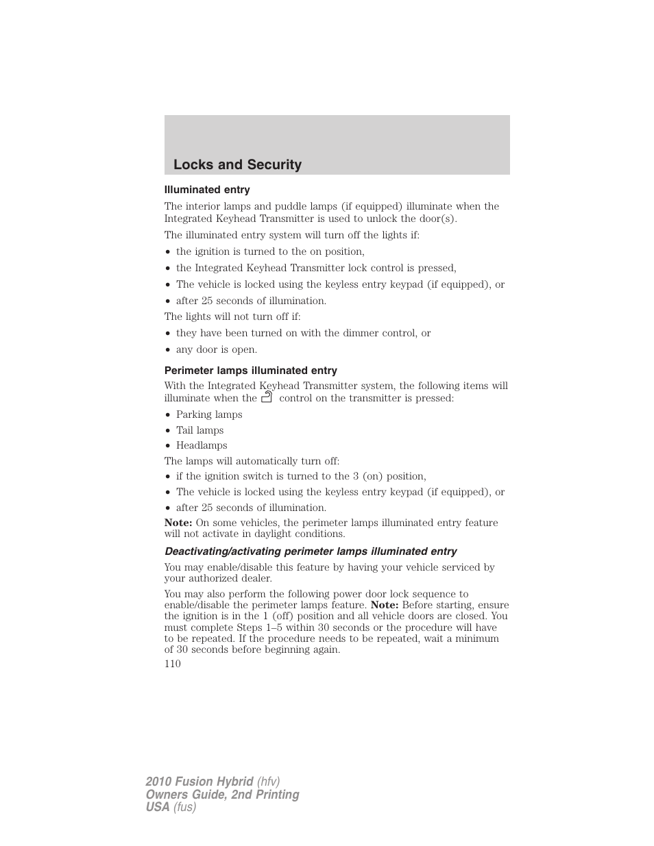 Illuminated entry, Perimeter lamps illuminated entry, Locks and security | FORD 2010 Fusion Hybrid v.2 User Manual | Page 110 / 327