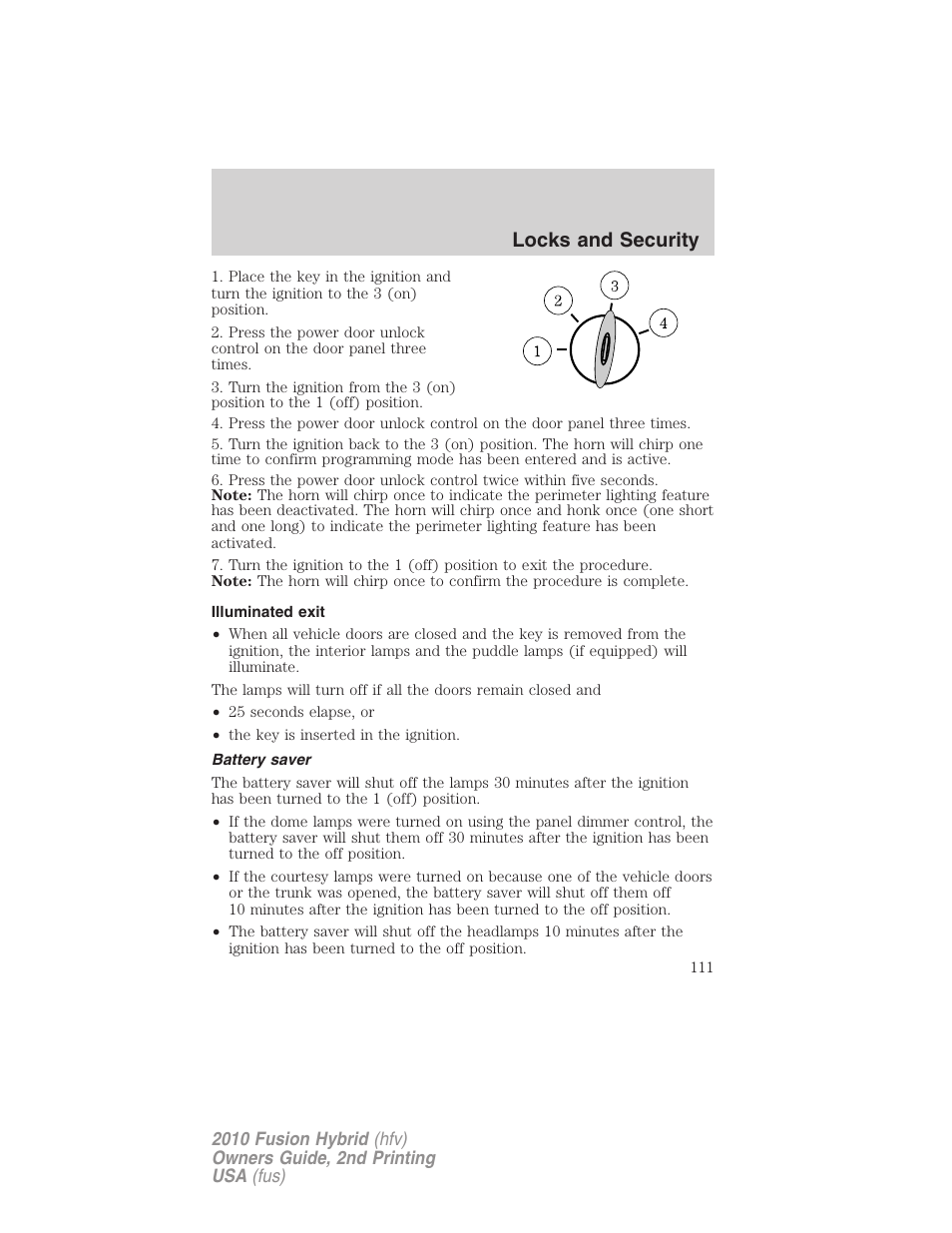 Illuminated exit, Battery saver, Locks and security | FORD 2010 Fusion Hybrid v.2 User Manual | Page 111 / 327