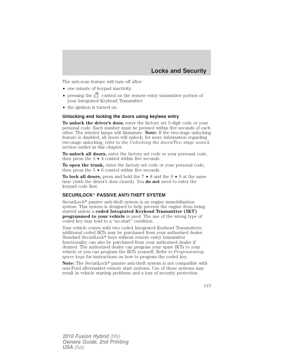 Securilock passive anti-theft system, Anti-theft system, Locks and security | FORD 2010 Fusion Hybrid v.2 User Manual | Page 113 / 327