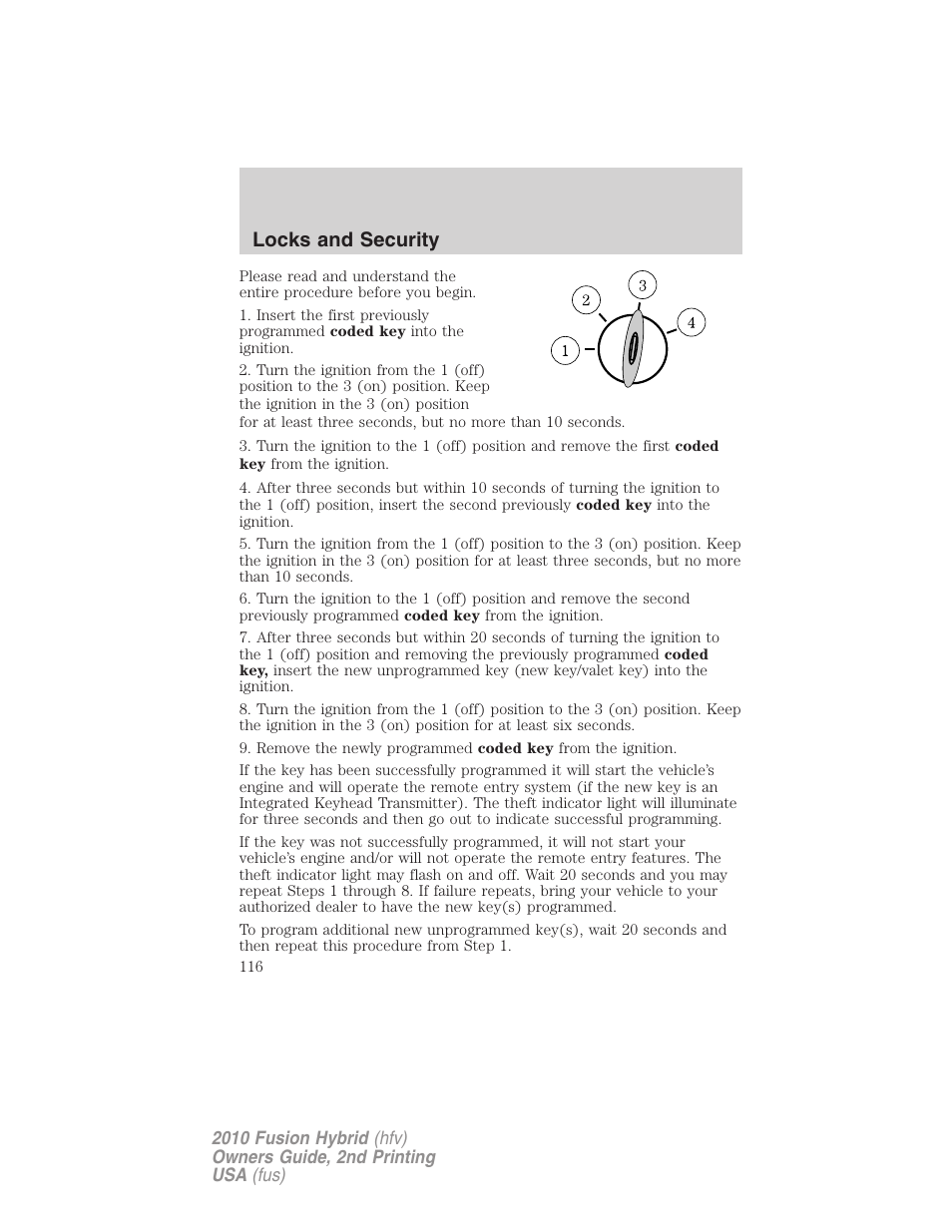 Locks and security | FORD 2010 Fusion Hybrid v.2 User Manual | Page 116 / 327