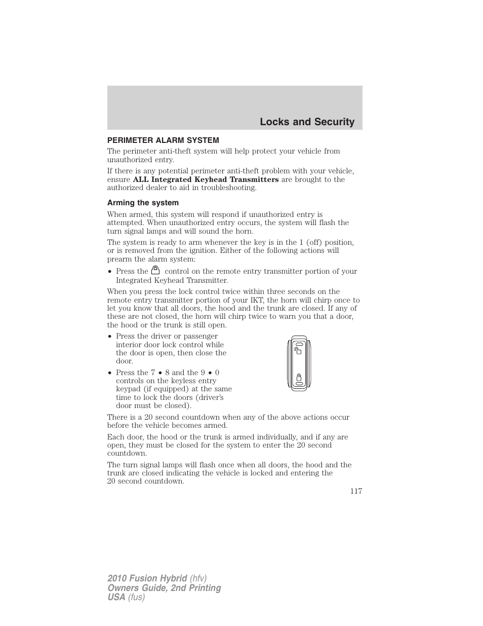 Perimeter alarm system, Arming the system, Locks and security | FORD 2010 Fusion Hybrid v.2 User Manual | Page 117 / 327