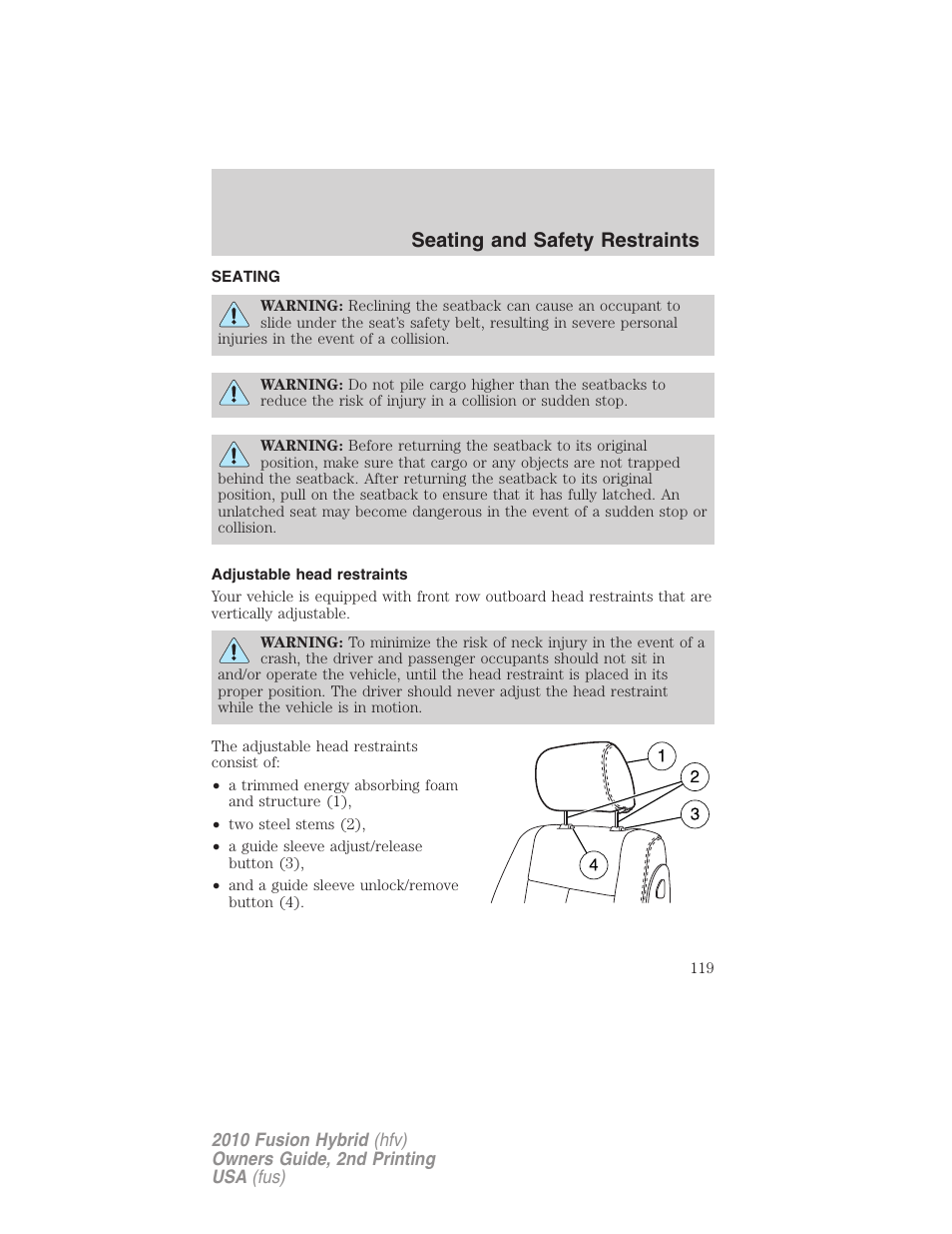 Seating and safety restraints, Seating, Adjustable head restraints | FORD 2010 Fusion Hybrid v.2 User Manual | Page 119 / 327