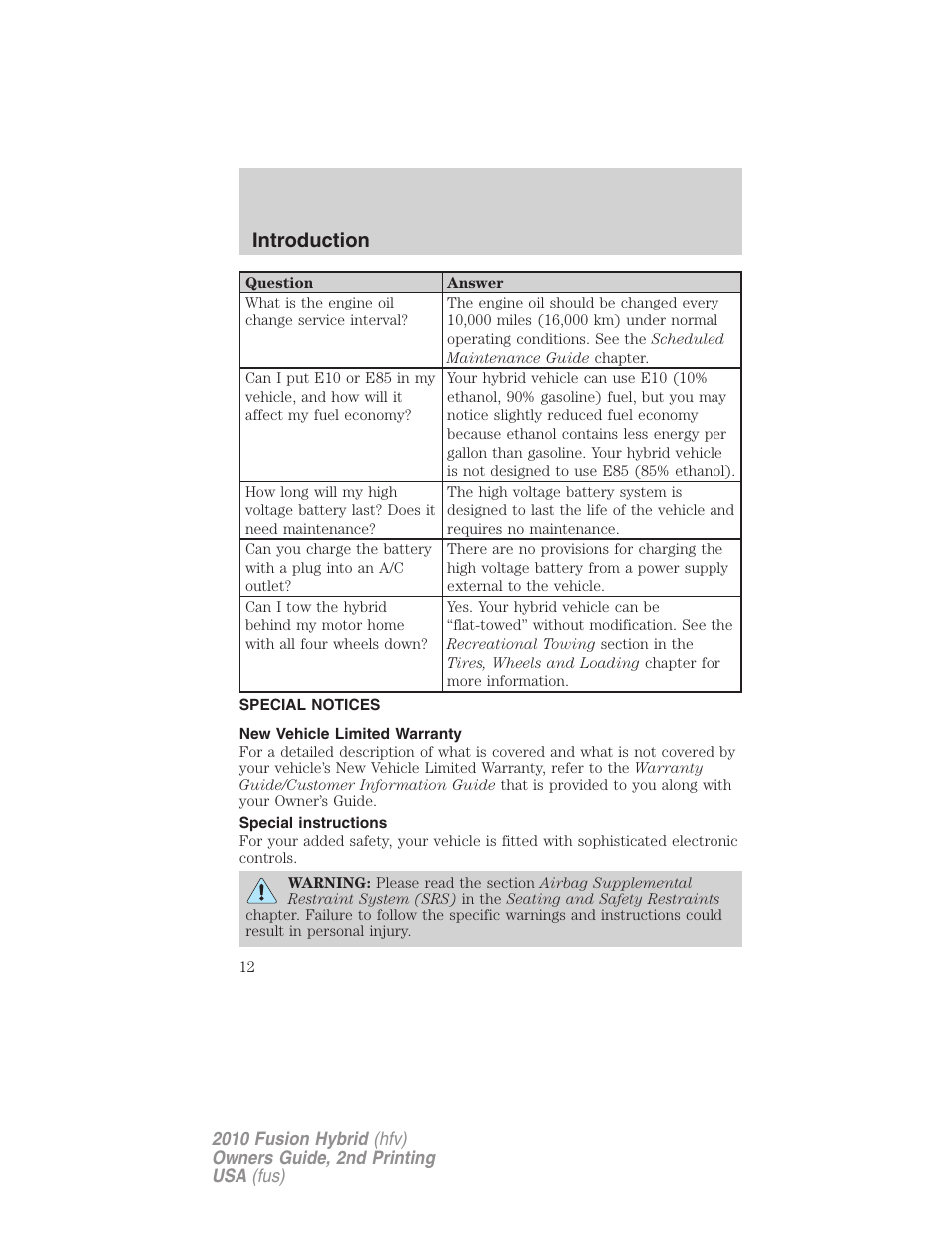 Special notices, New vehicle limited warranty, Special instructions | Introduction | FORD 2010 Fusion Hybrid v.2 User Manual | Page 12 / 327