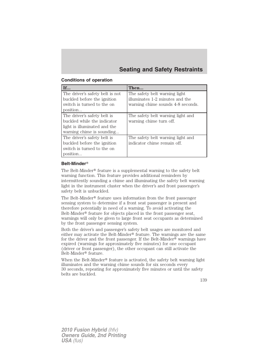 Conditions of operation, Belt-minder, Seating and safety restraints | FORD 2010 Fusion Hybrid v.2 User Manual | Page 139 / 327