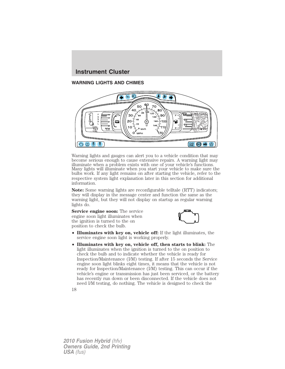 Instrument cluster, Warning lights and chimes | FORD 2010 Fusion Hybrid v.2 User Manual | Page 18 / 327