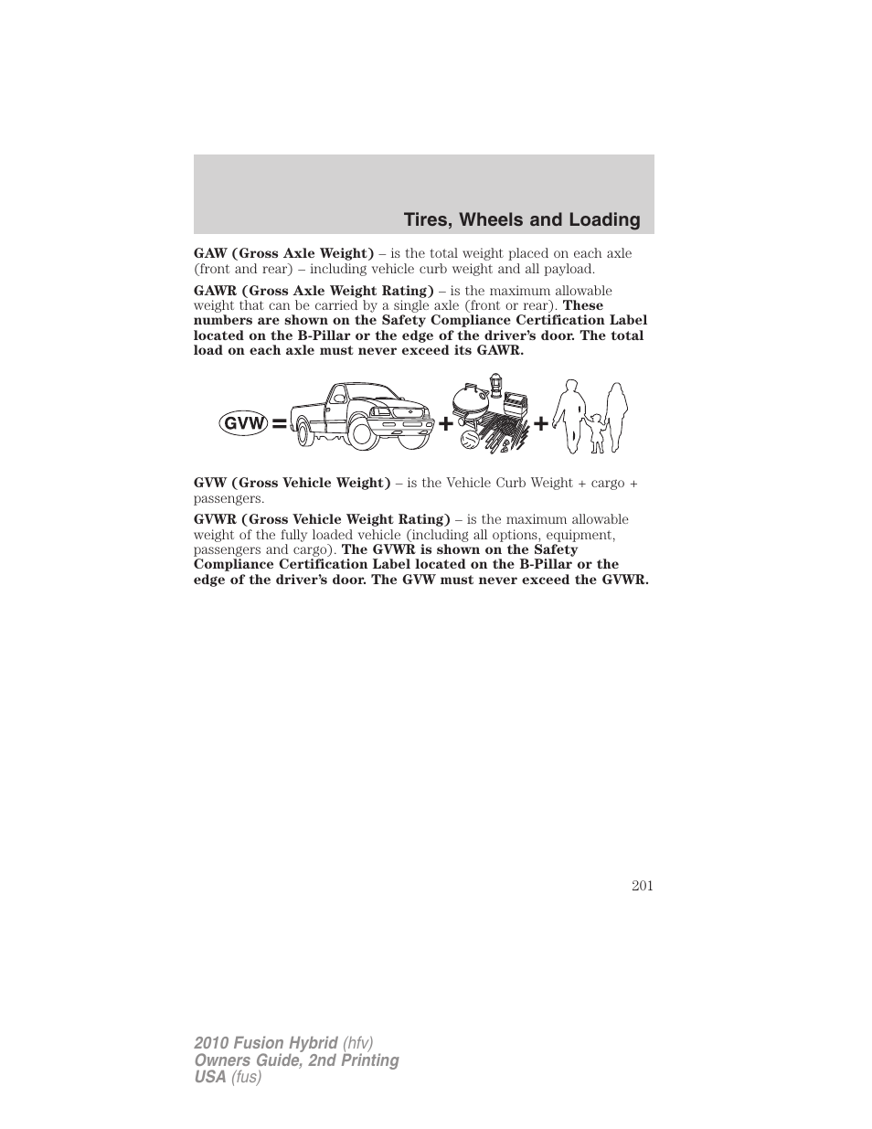 Tires, wheels and loading | FORD 2010 Fusion Hybrid v.2 User Manual | Page 201 / 327