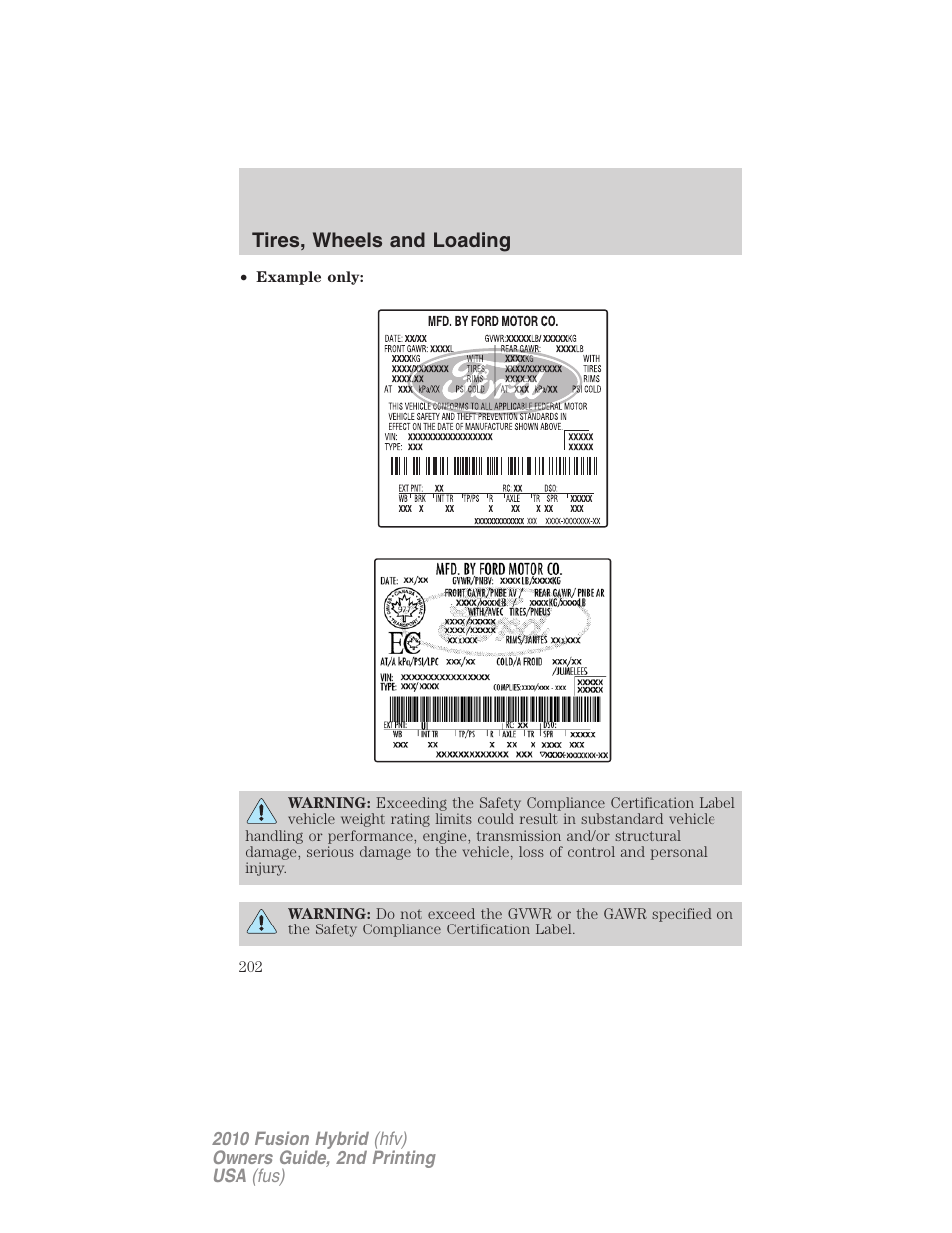 Tires, wheels and loading | FORD 2010 Fusion Hybrid v.2 User Manual | Page 202 / 327