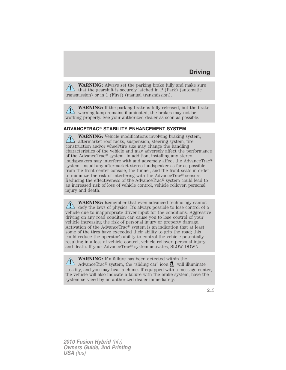 Advancetrac stability enhancement system, Advancetrac, Driving | FORD 2010 Fusion Hybrid v.2 User Manual | Page 213 / 327