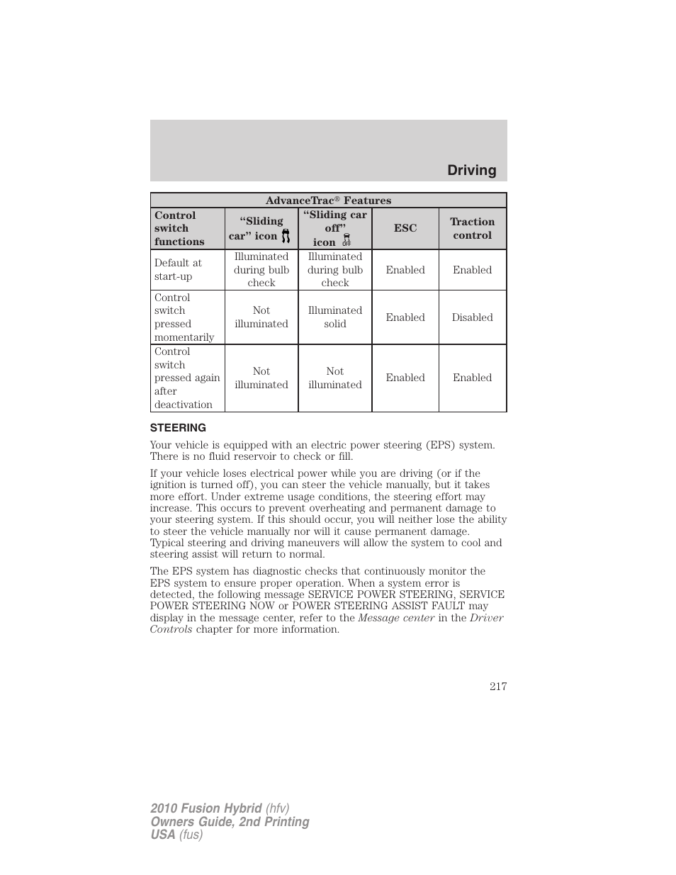 Steering, Driving | FORD 2010 Fusion Hybrid v.2 User Manual | Page 217 / 327