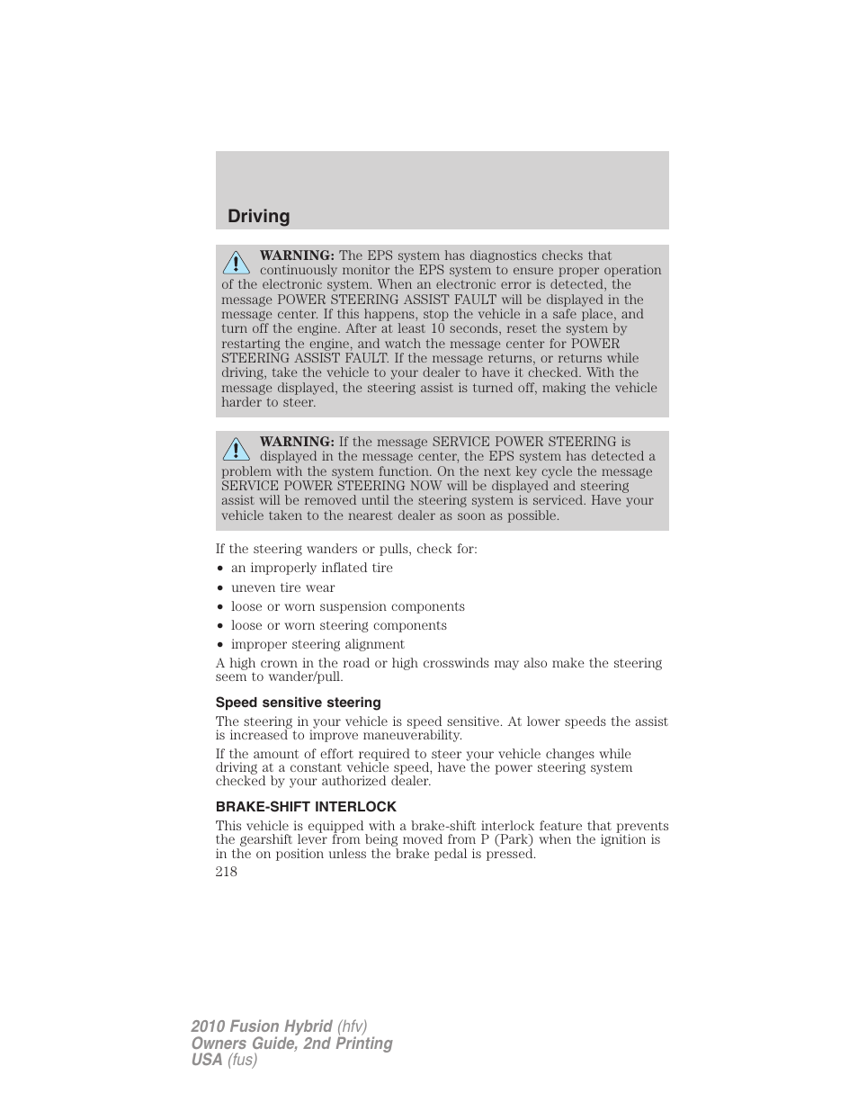 Speed sensitive steering, Brake-shift interlock, Driving | FORD 2010 Fusion Hybrid v.2 User Manual | Page 218 / 327