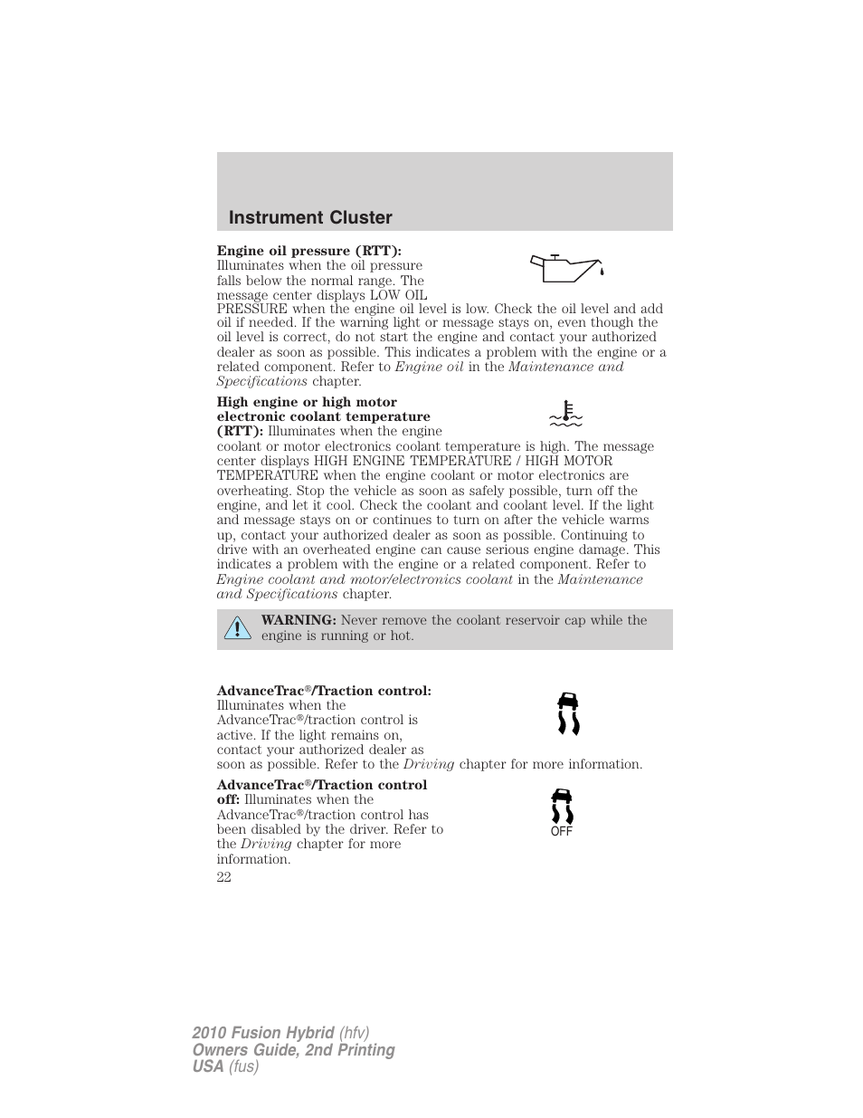 Instrument cluster | FORD 2010 Fusion Hybrid v.2 User Manual | Page 22 / 327
