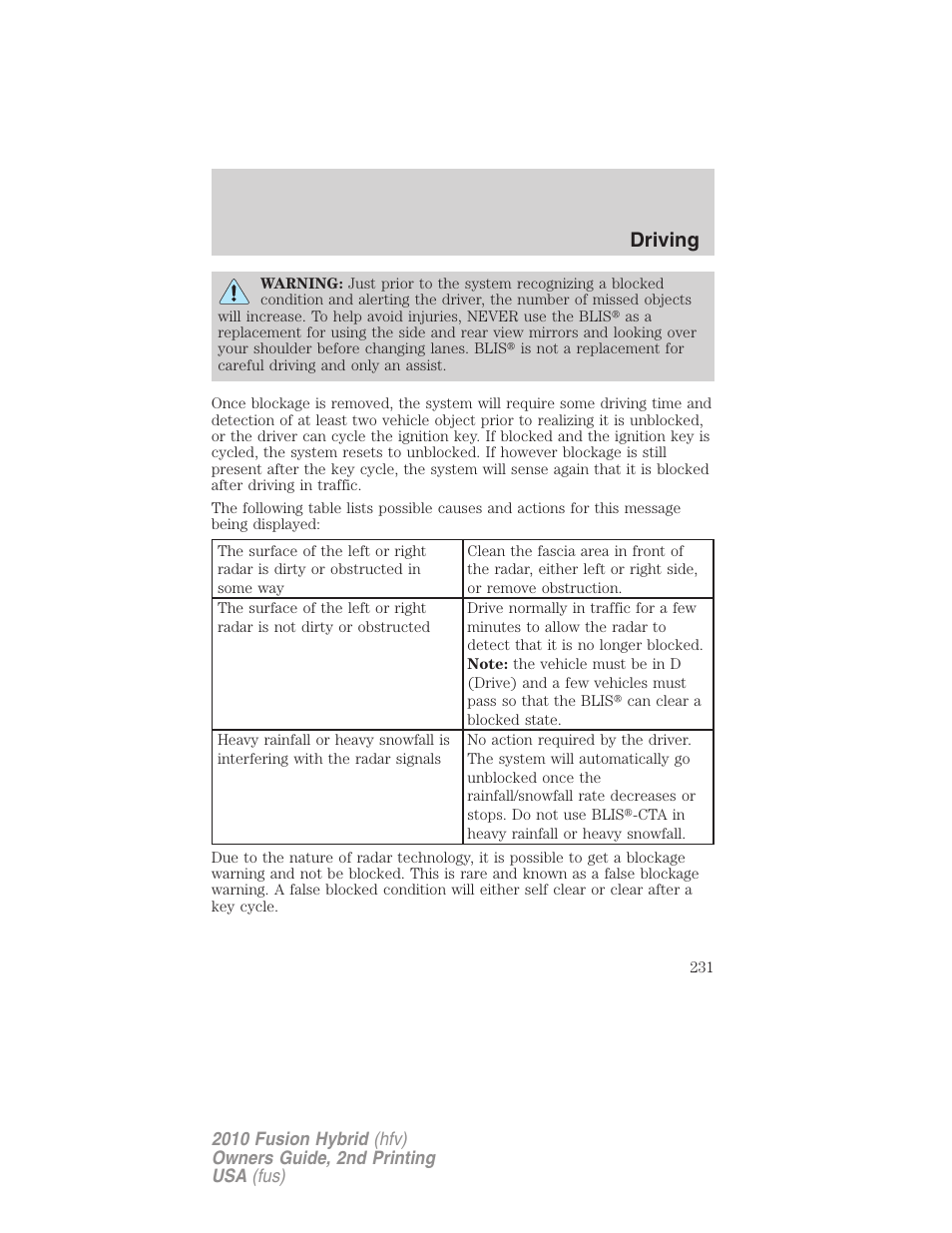 Driving | FORD 2010 Fusion Hybrid v.2 User Manual | Page 231 / 327
