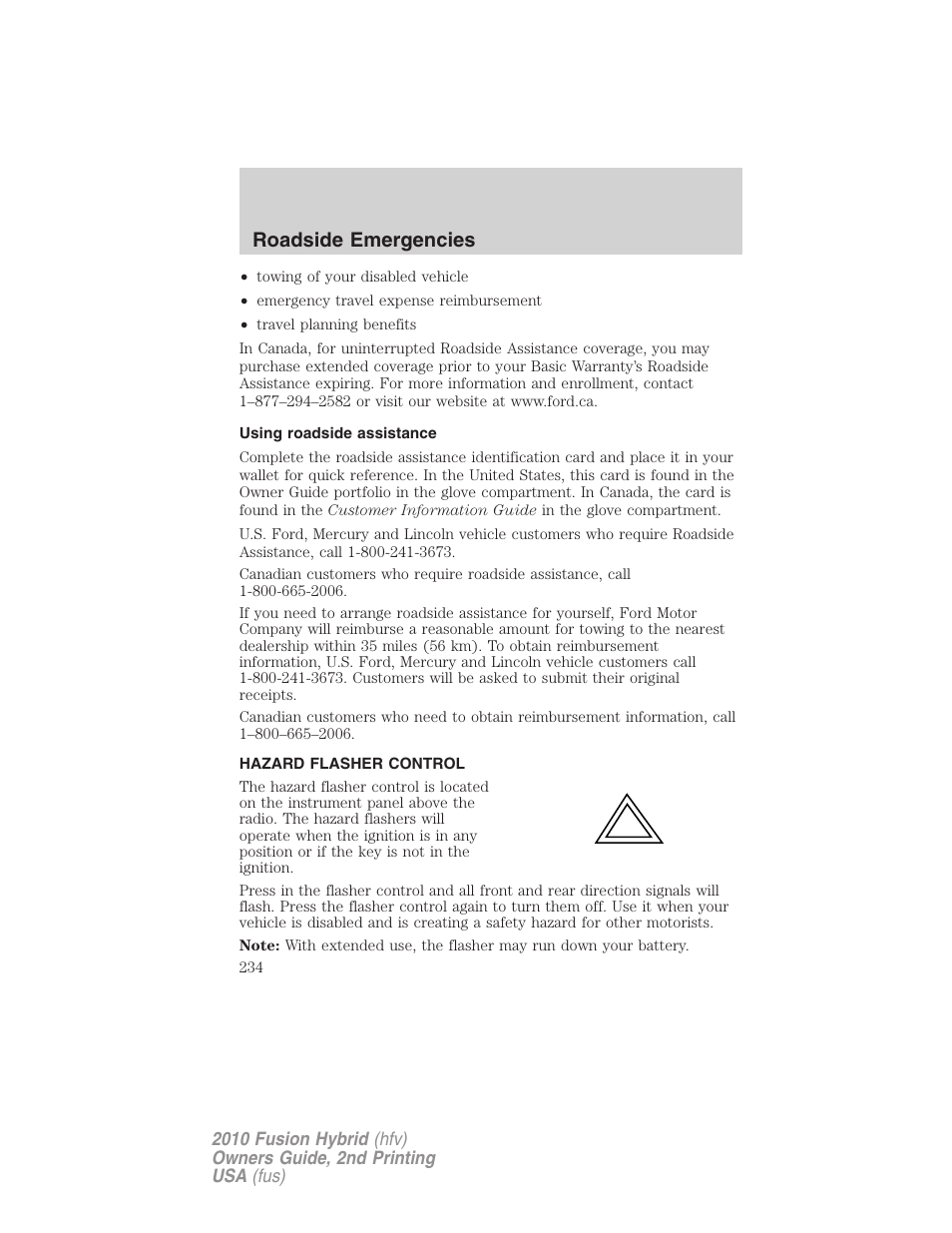 Using roadside assistance, Hazard flasher control, Roadside emergencies | FORD 2010 Fusion Hybrid v.2 User Manual | Page 234 / 327