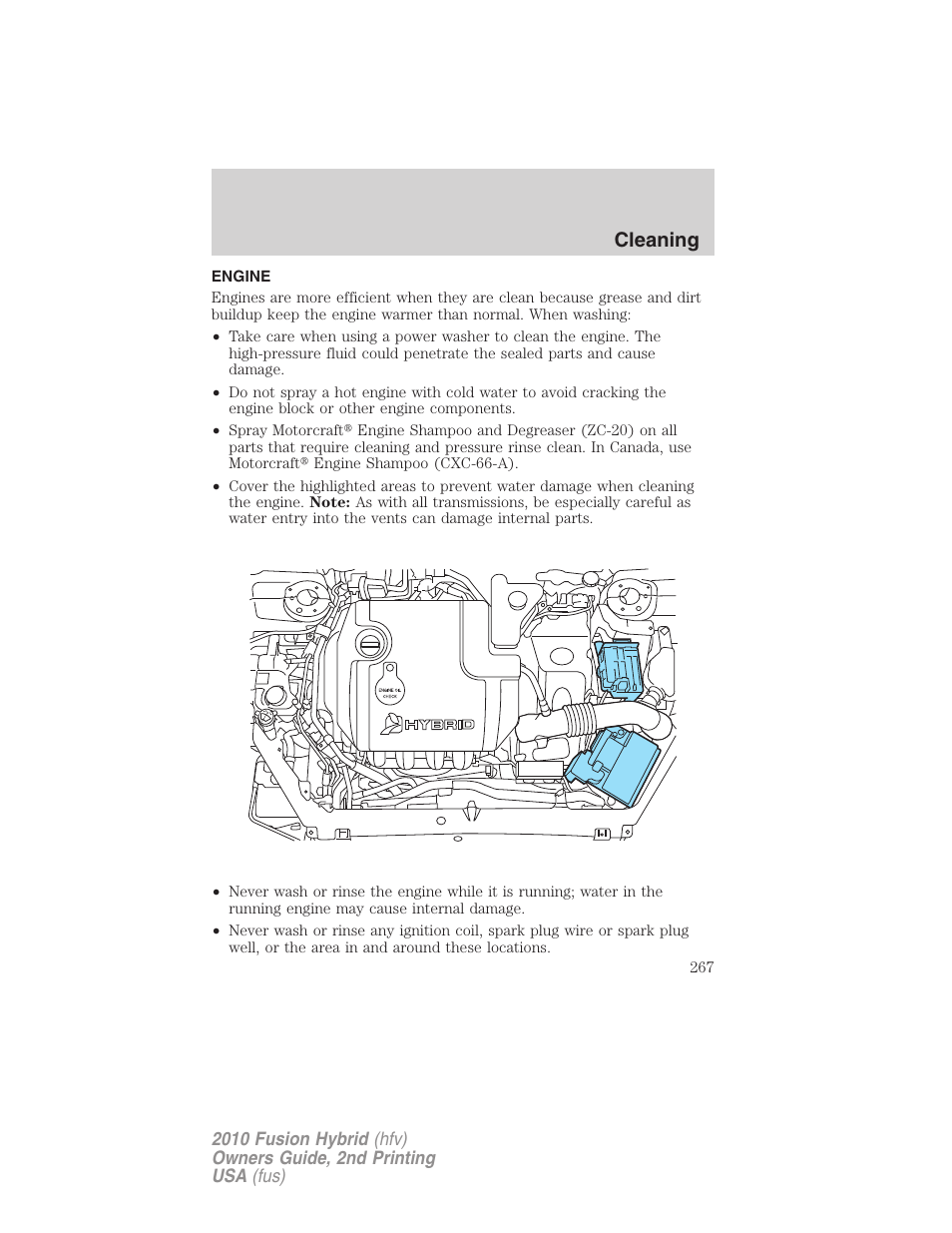 Engine, Cleaning | FORD 2010 Fusion Hybrid v.2 User Manual | Page 267 / 327