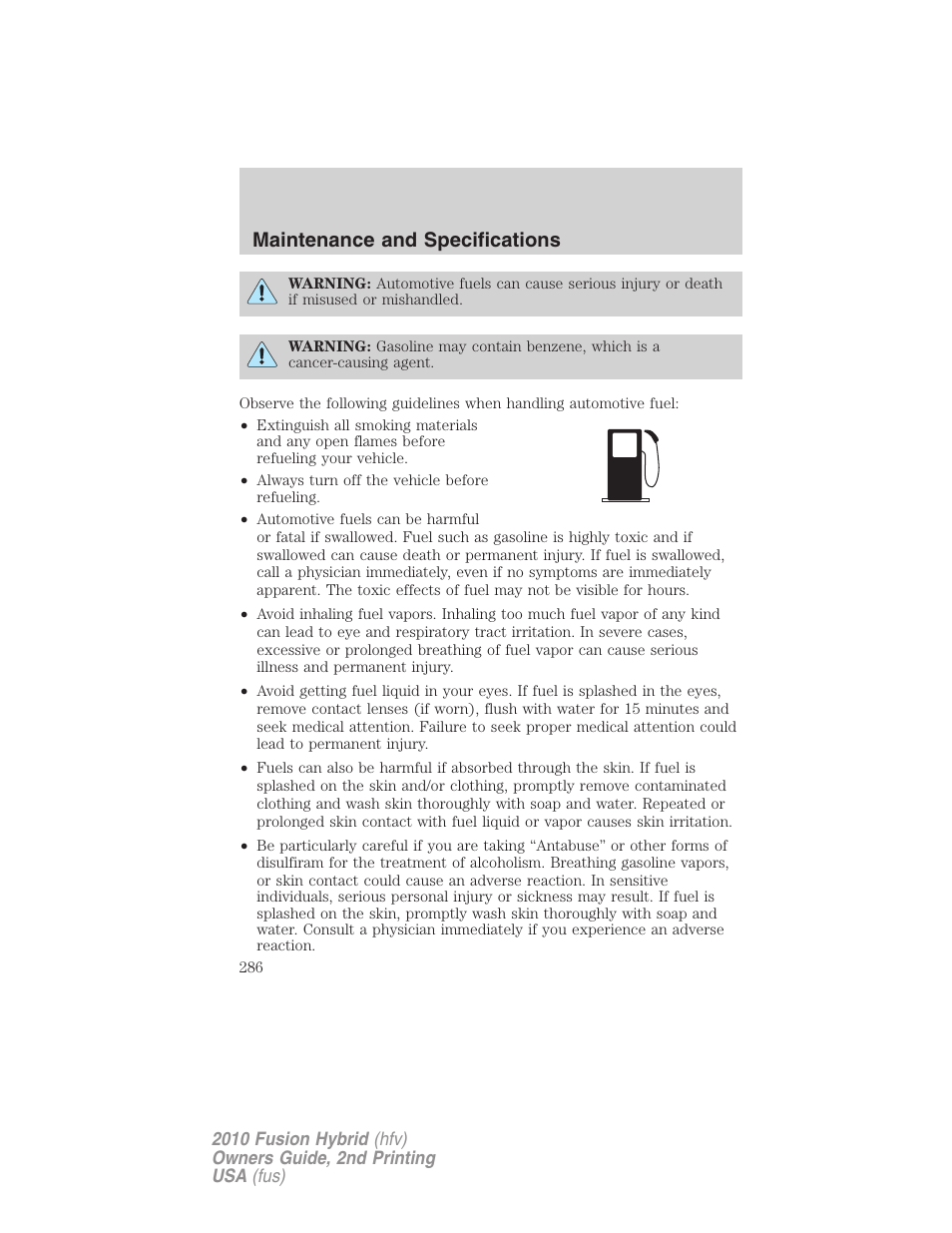Maintenance and specifications | FORD 2010 Fusion Hybrid v.2 User Manual | Page 286 / 327