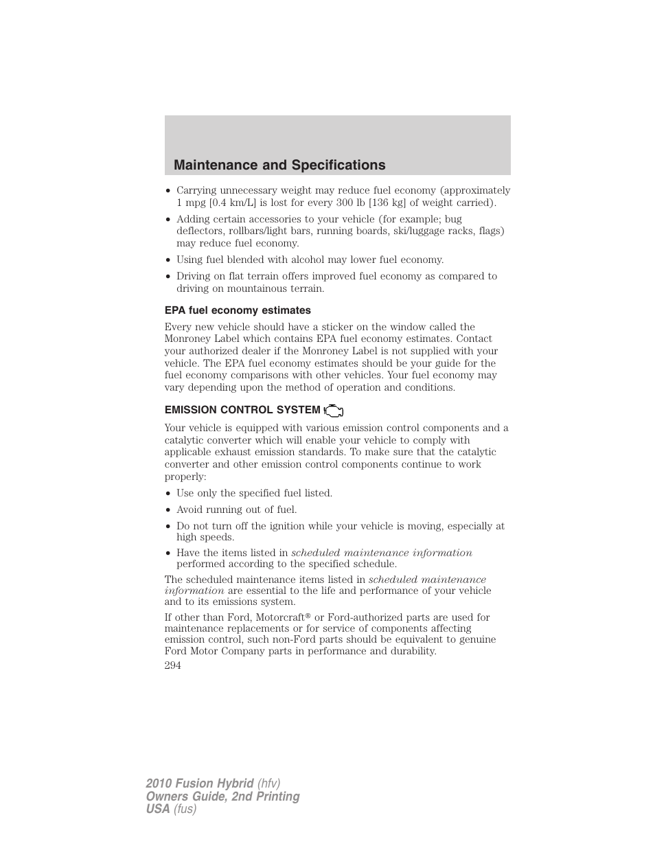 Epa fuel economy estimates, Emission control system, Maintenance and specifications | FORD 2010 Fusion Hybrid v.2 User Manual | Page 294 / 327