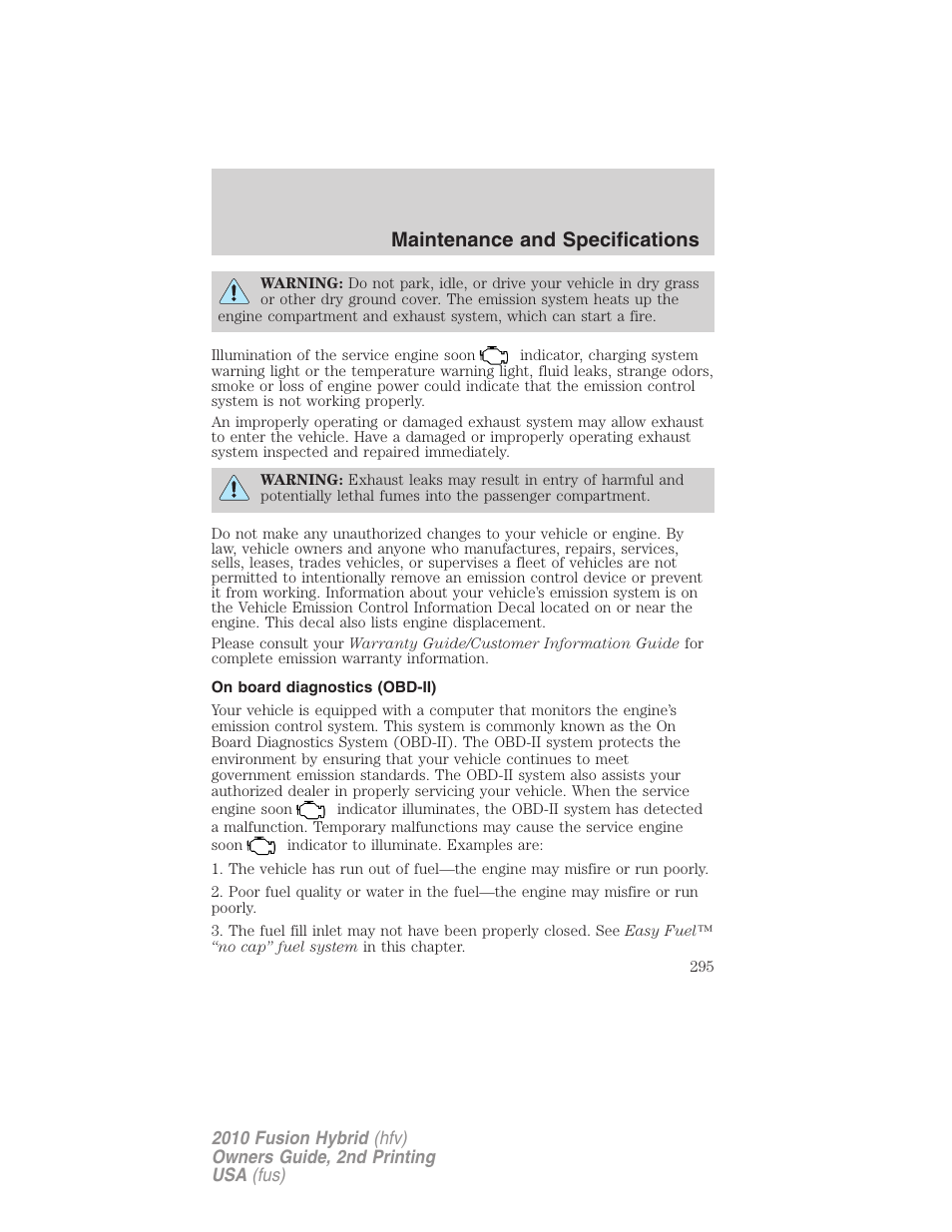 On board diagnostics (obd-ii), Maintenance and specifications | FORD 2010 Fusion Hybrid v.2 User Manual | Page 295 / 327