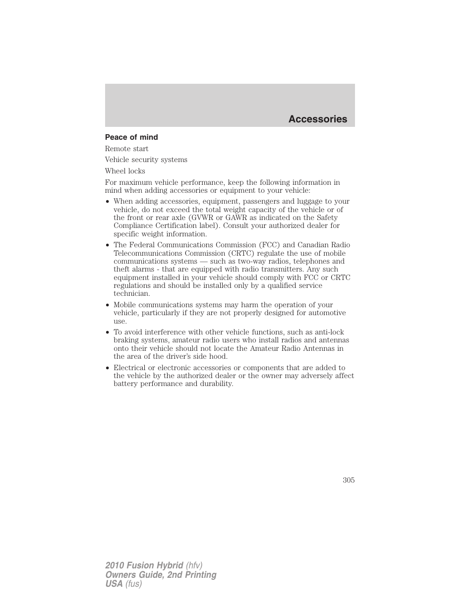 Peace of mind, Accessories | FORD 2010 Fusion Hybrid v.2 User Manual | Page 305 / 327
