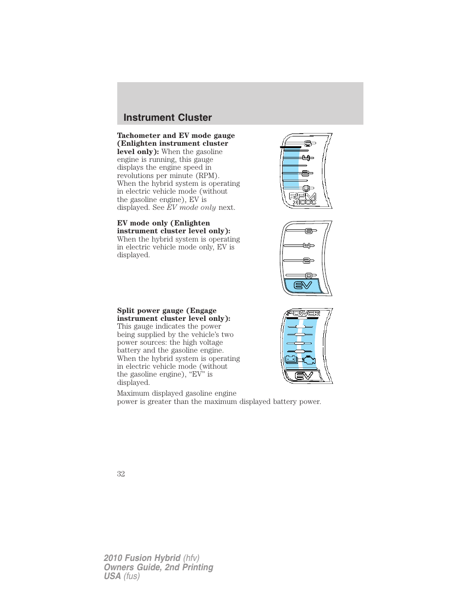 Instrument cluster | FORD 2010 Fusion Hybrid v.2 User Manual | Page 32 / 327