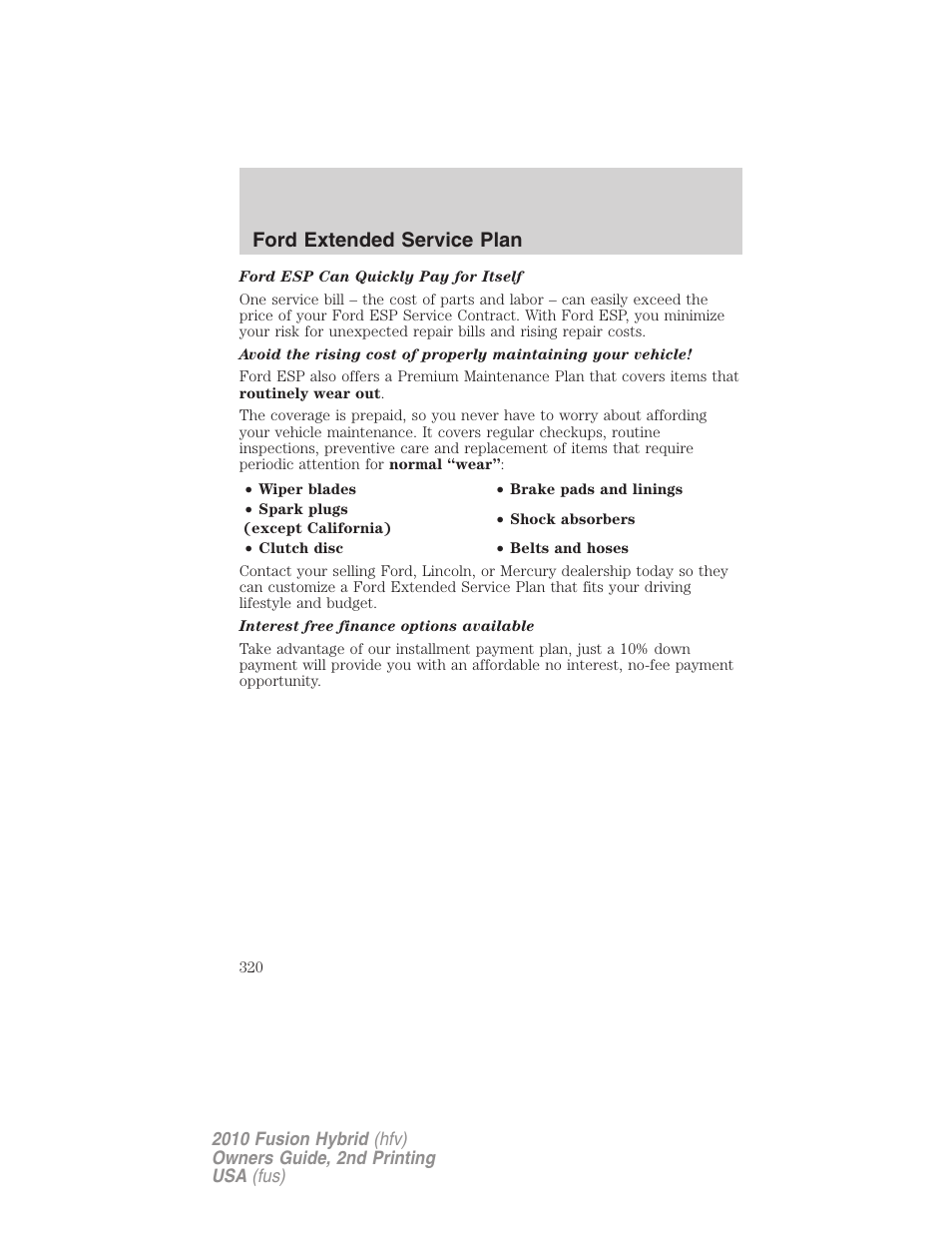Ford extended service plan | FORD 2010 Fusion Hybrid v.2 User Manual | Page 320 / 327