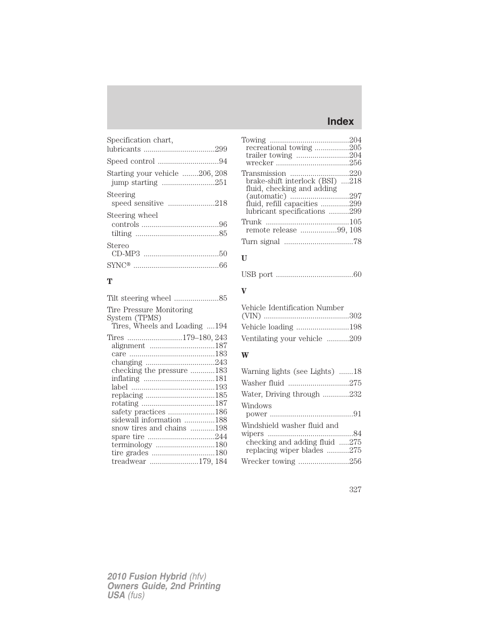 Index | FORD 2010 Fusion Hybrid v.2 User Manual | Page 327 / 327