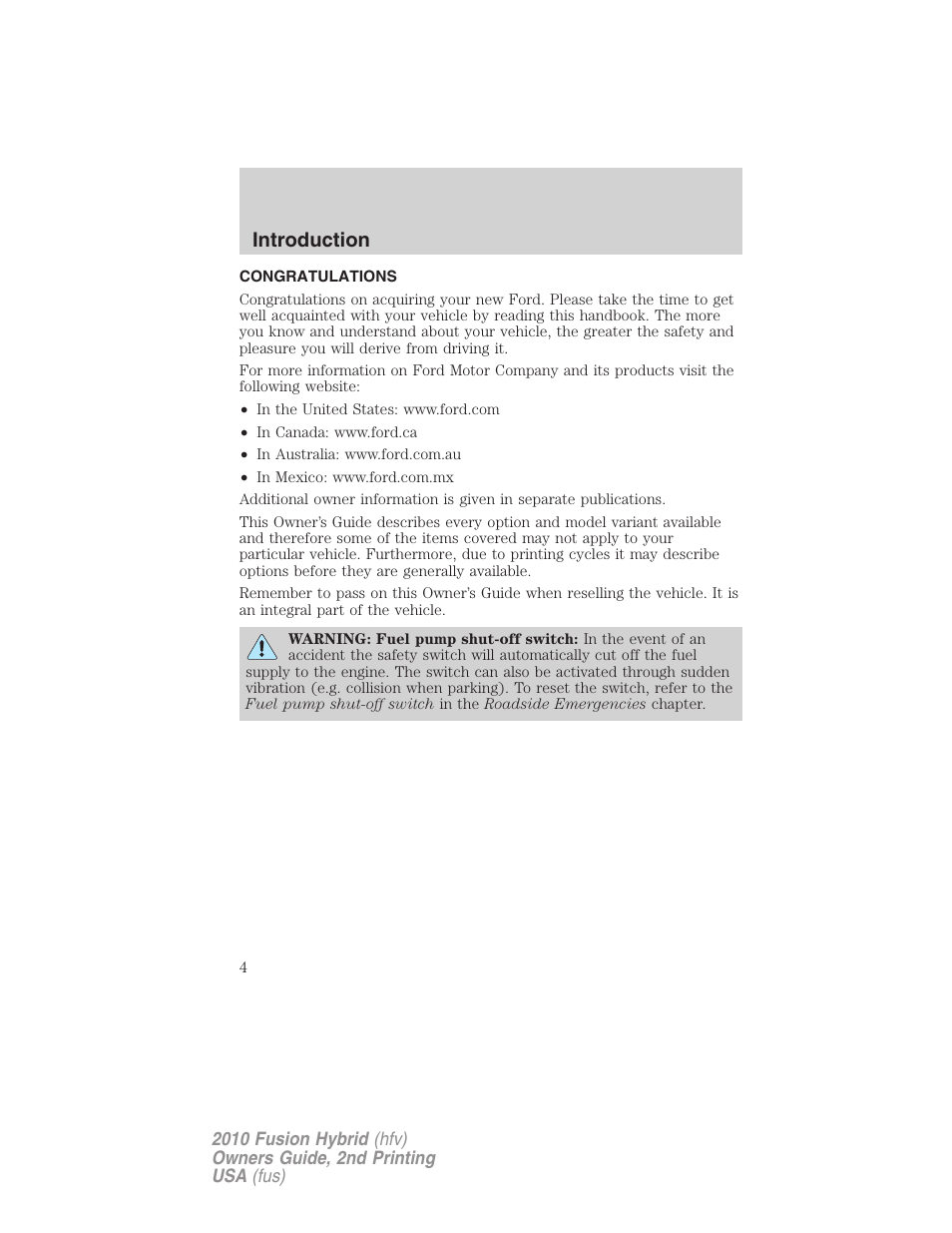 Introduction, Congratulations | FORD 2010 Fusion Hybrid v.2 User Manual | Page 4 / 327