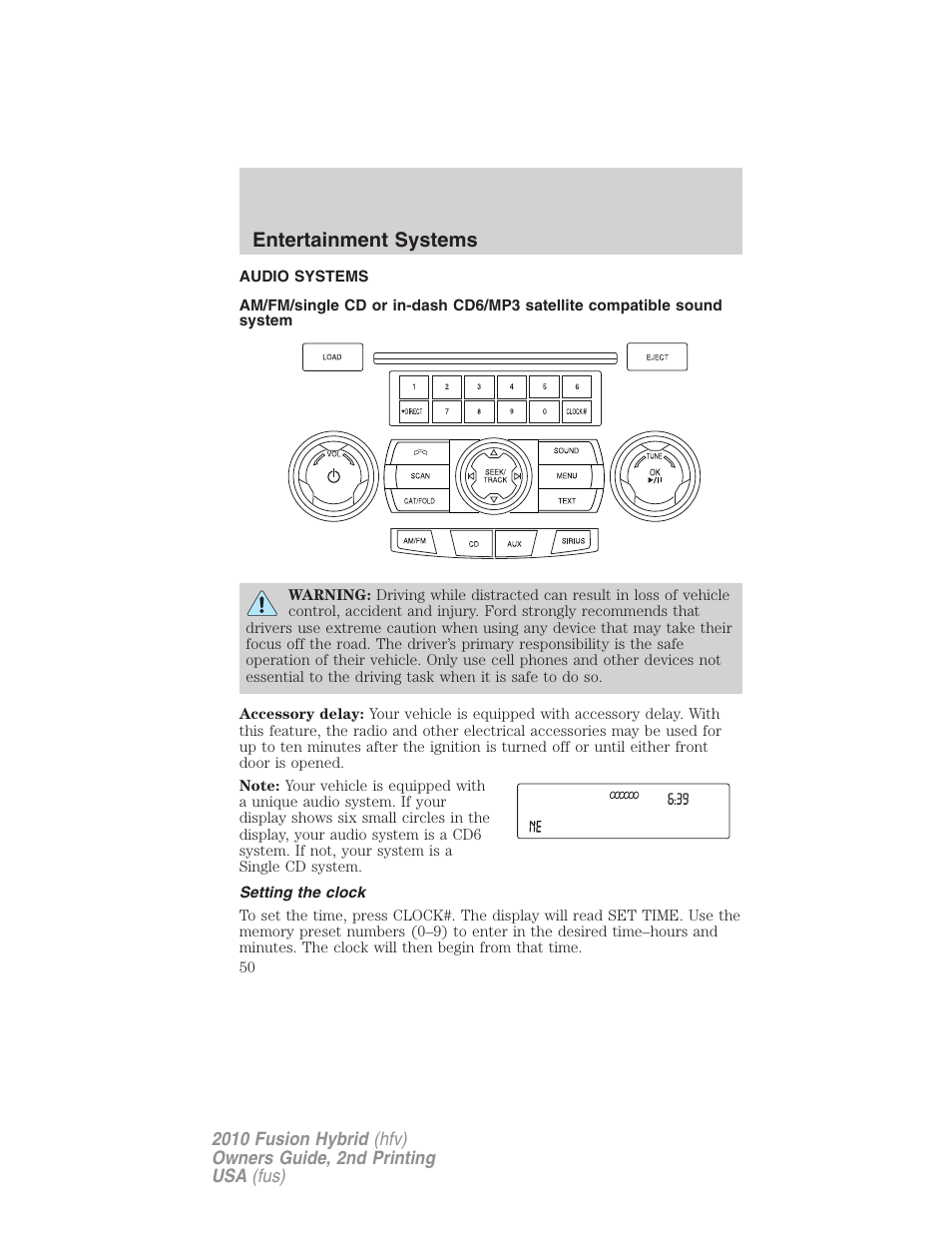 Entertainment systems, Audio systems, Setting the clock | Am/fm stereo with cd/mp3 | FORD 2010 Fusion Hybrid v.2 User Manual | Page 50 / 327